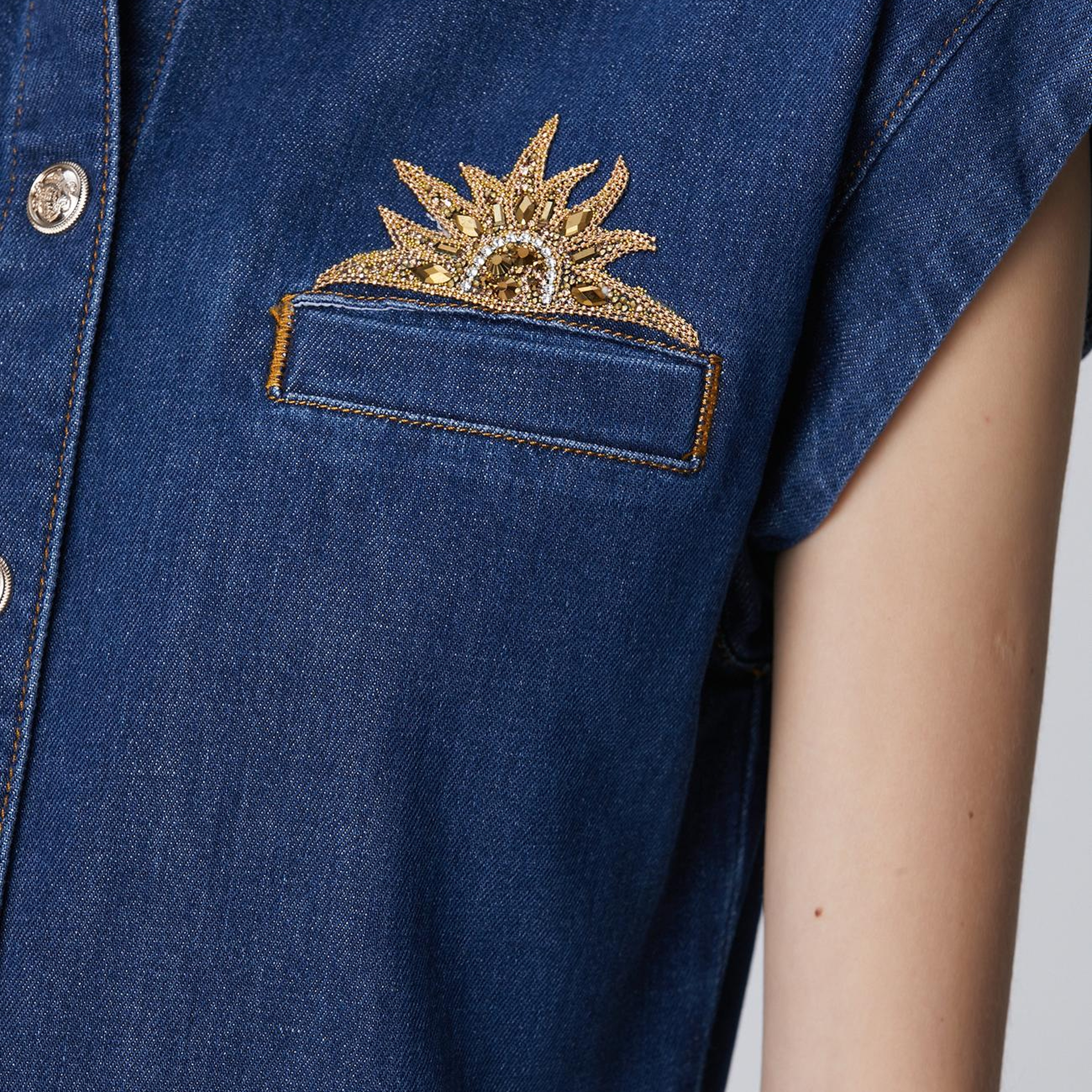 Network Kadın Koyu Indigo Mavi Patch Detaylı Mini Denim Elbise