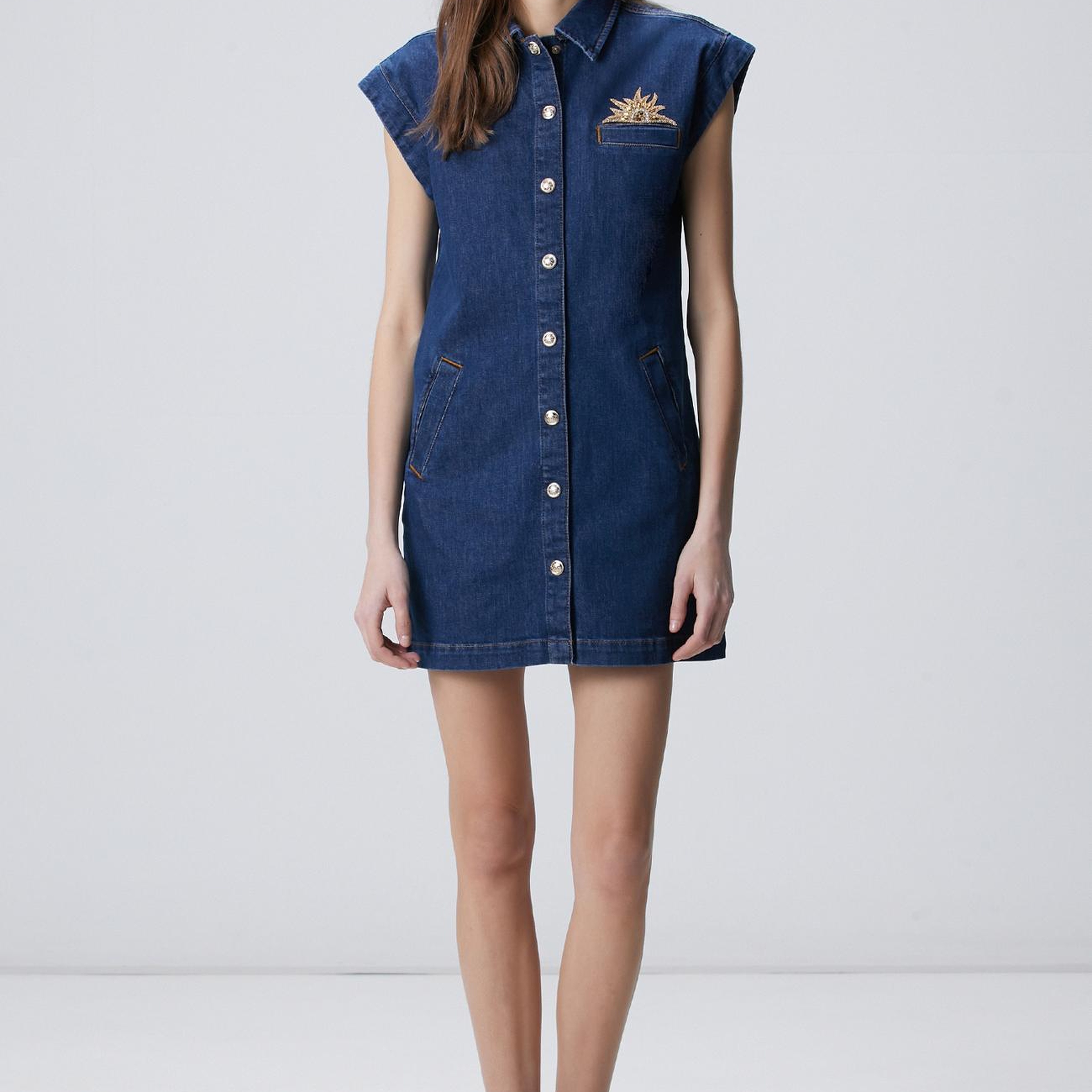 Network Kadın Koyu Indigo Mavi Patch Detaylı Mini Denim Elbise