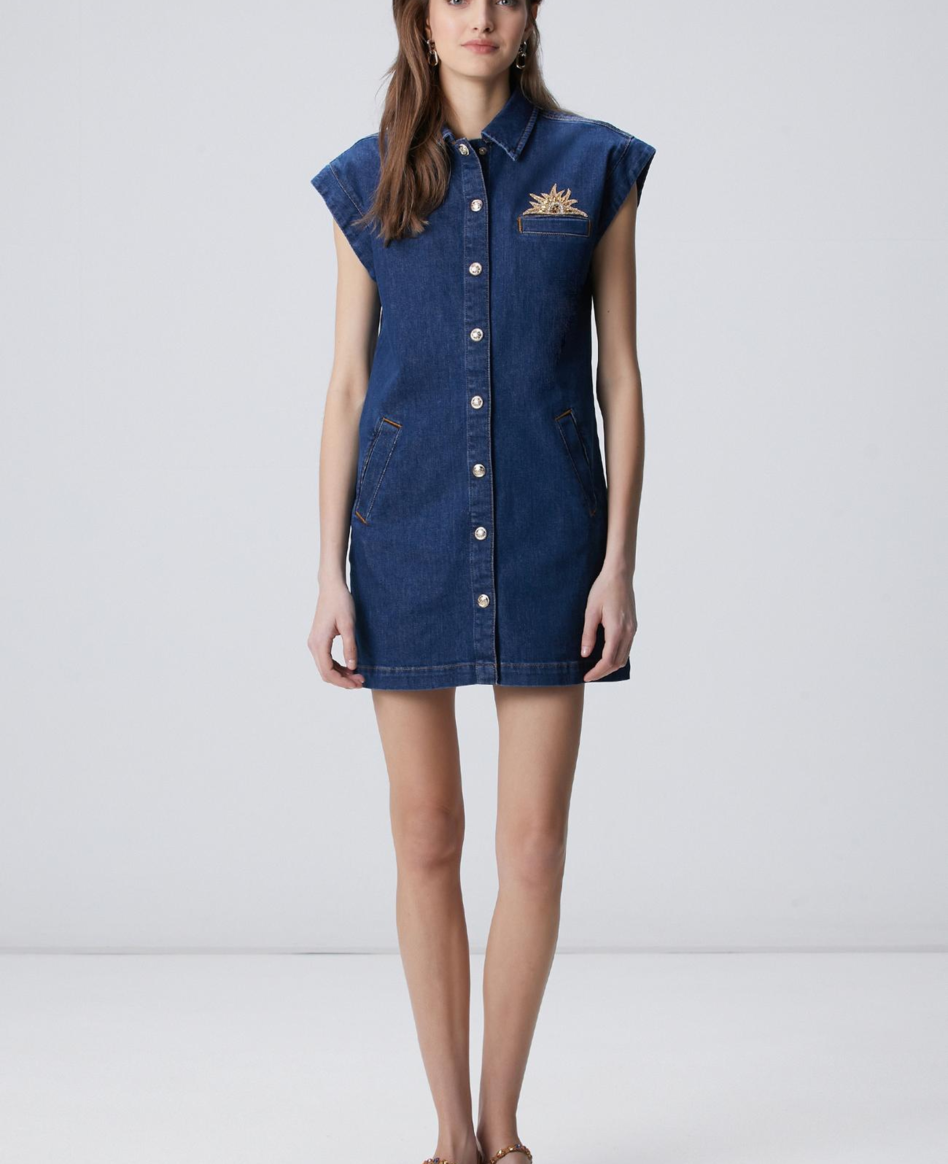 Network Kadın Koyu Indigo Mavi Patch Detaylı Mini Denim Elbise