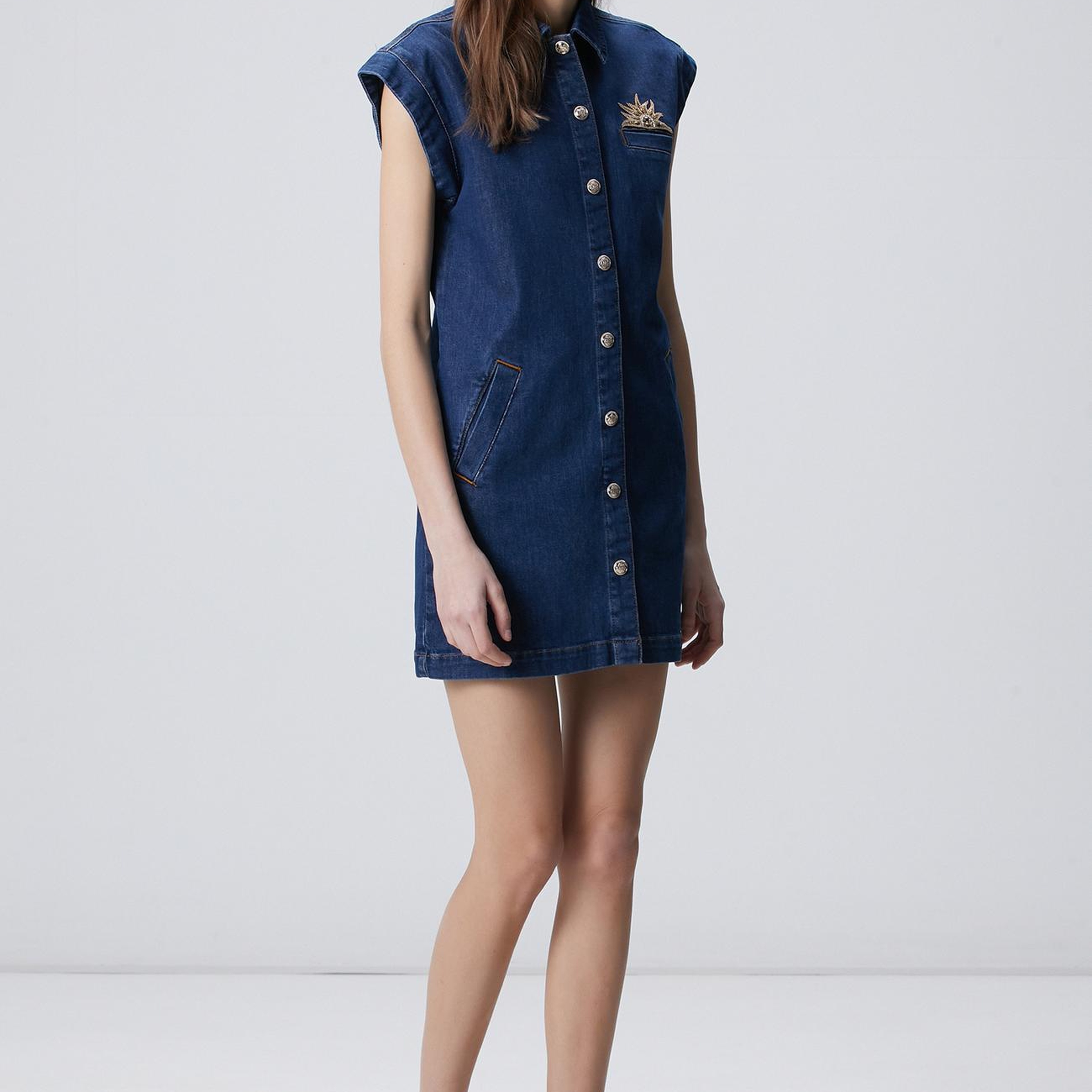 Network Kadın Koyu Indigo Mavi Patch Detaylı Mini Denim Elbise