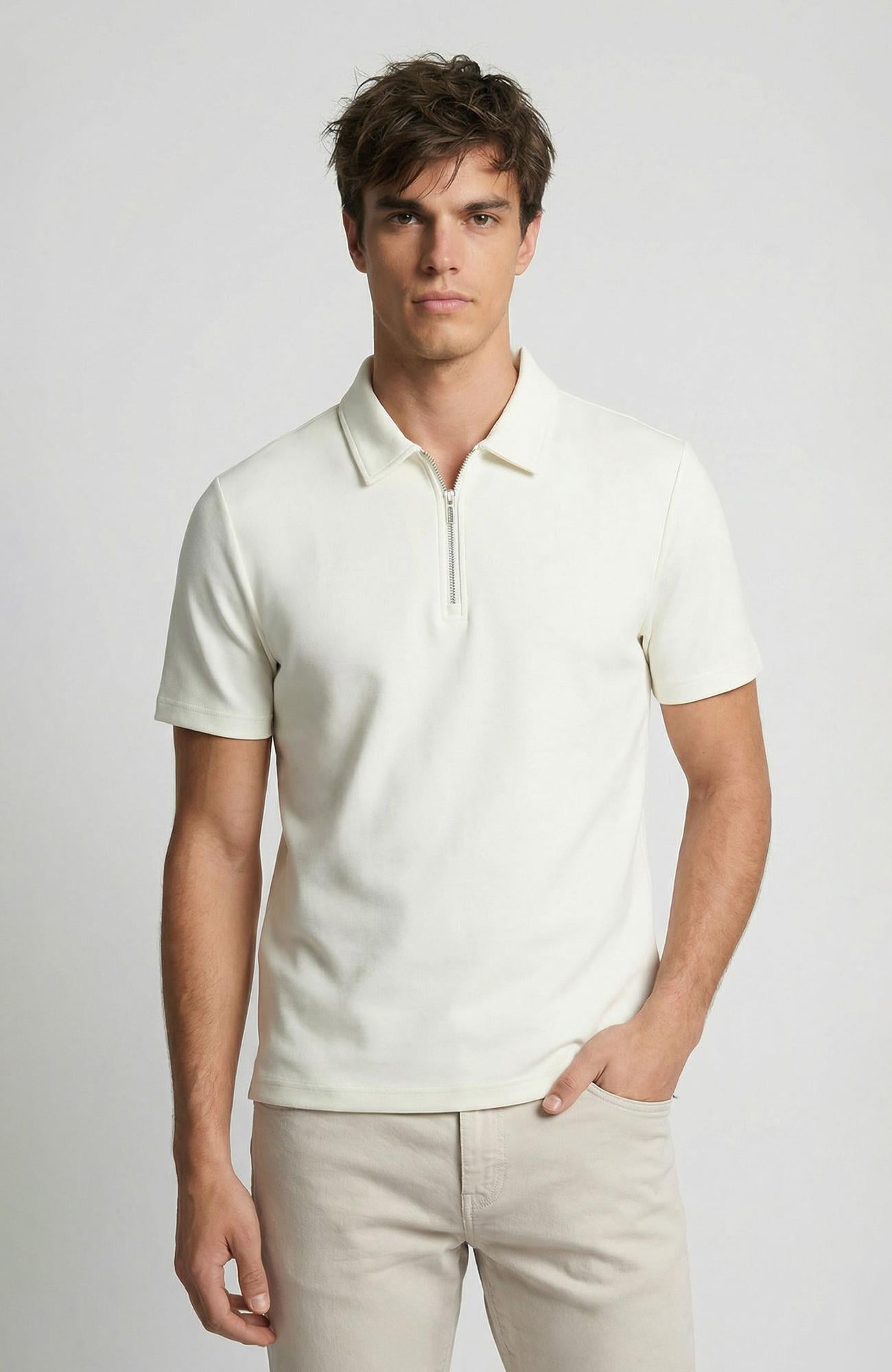 Network Erkek Kırık Beyaz Polo Yaka Fermuarlı Sweatshirt