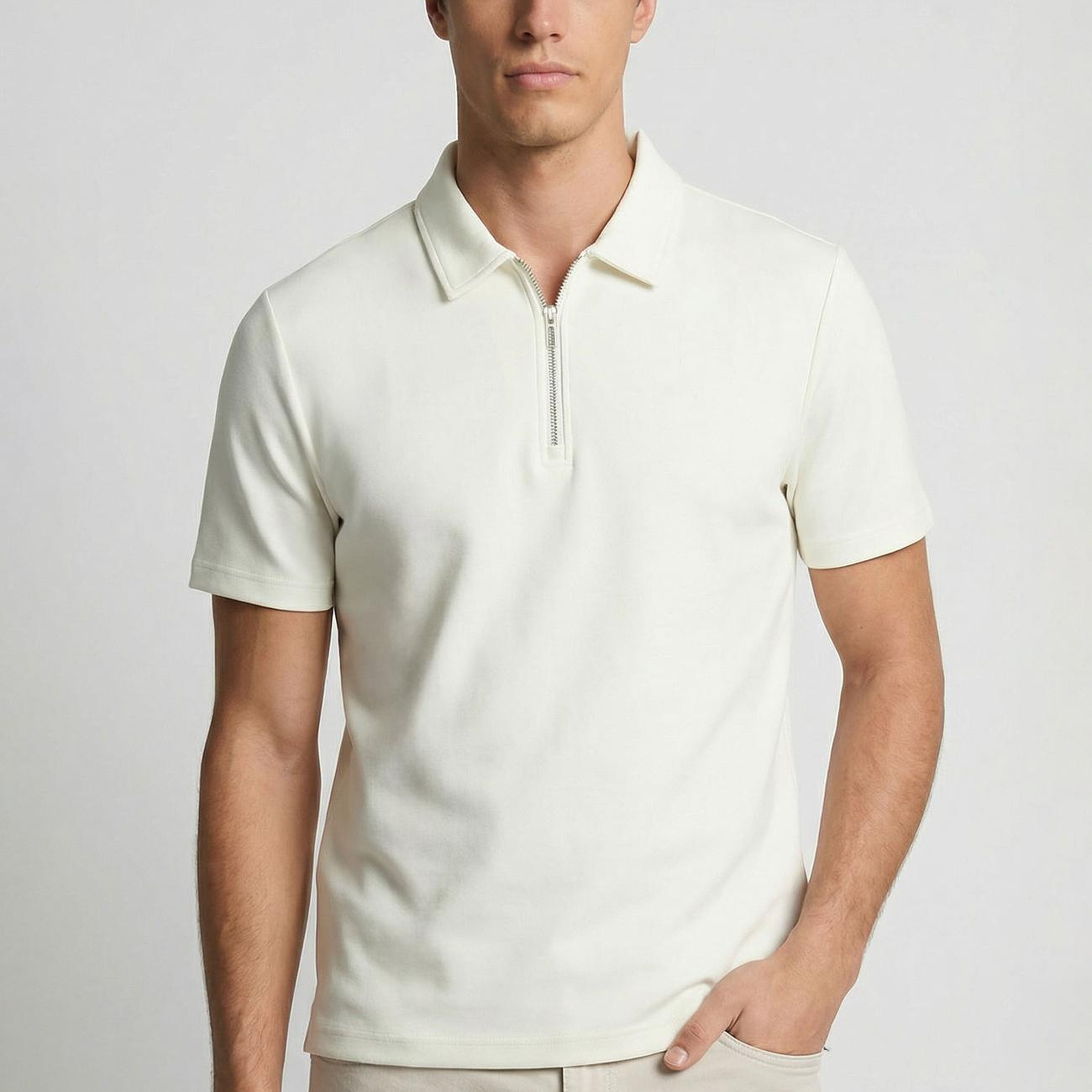 Network Erkek Kırık Beyaz Polo Yaka Fermuarlı Sweatshirt
