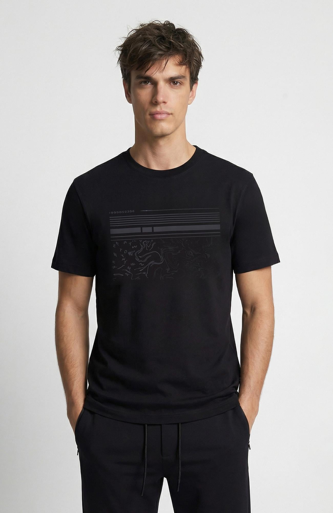 Network Erkek Siyah Mermer Enjeksiyon Baskılı T-shirt