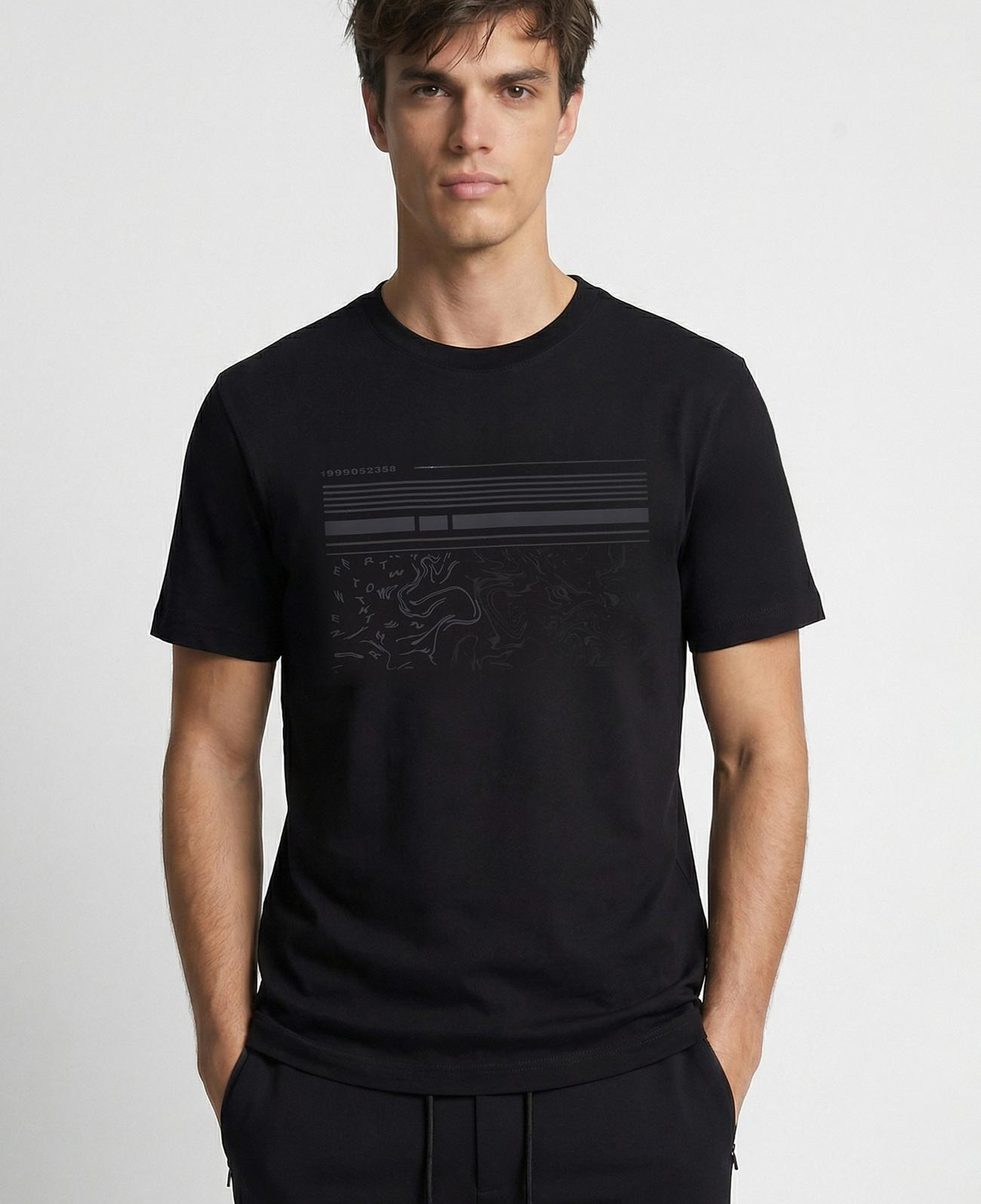 Network Erkek Siyah Mermer Enjeksiyon Baskılı T-shirt