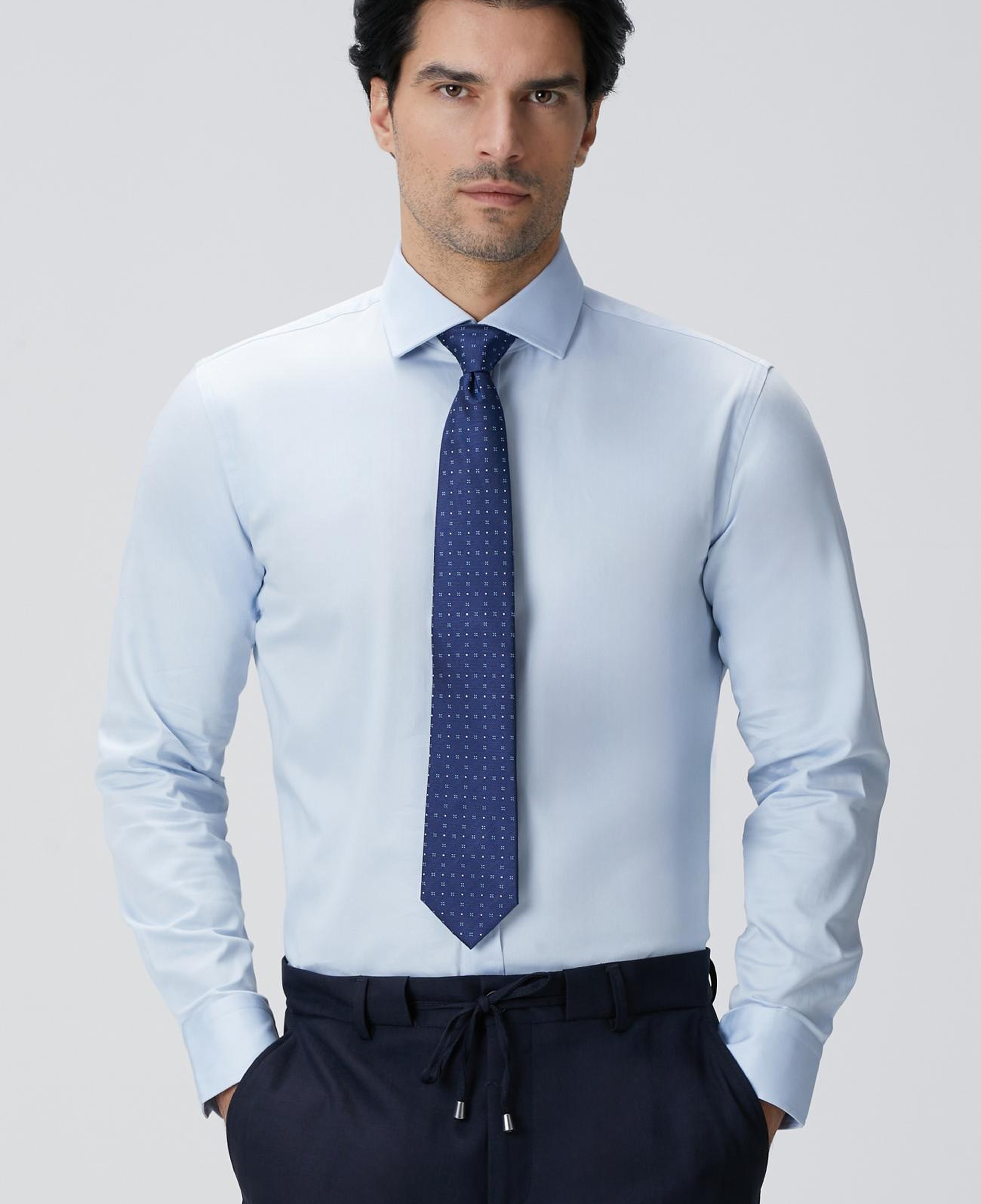 Network Erkek Slim Fit Mavi Pamuk Saten Gömlek