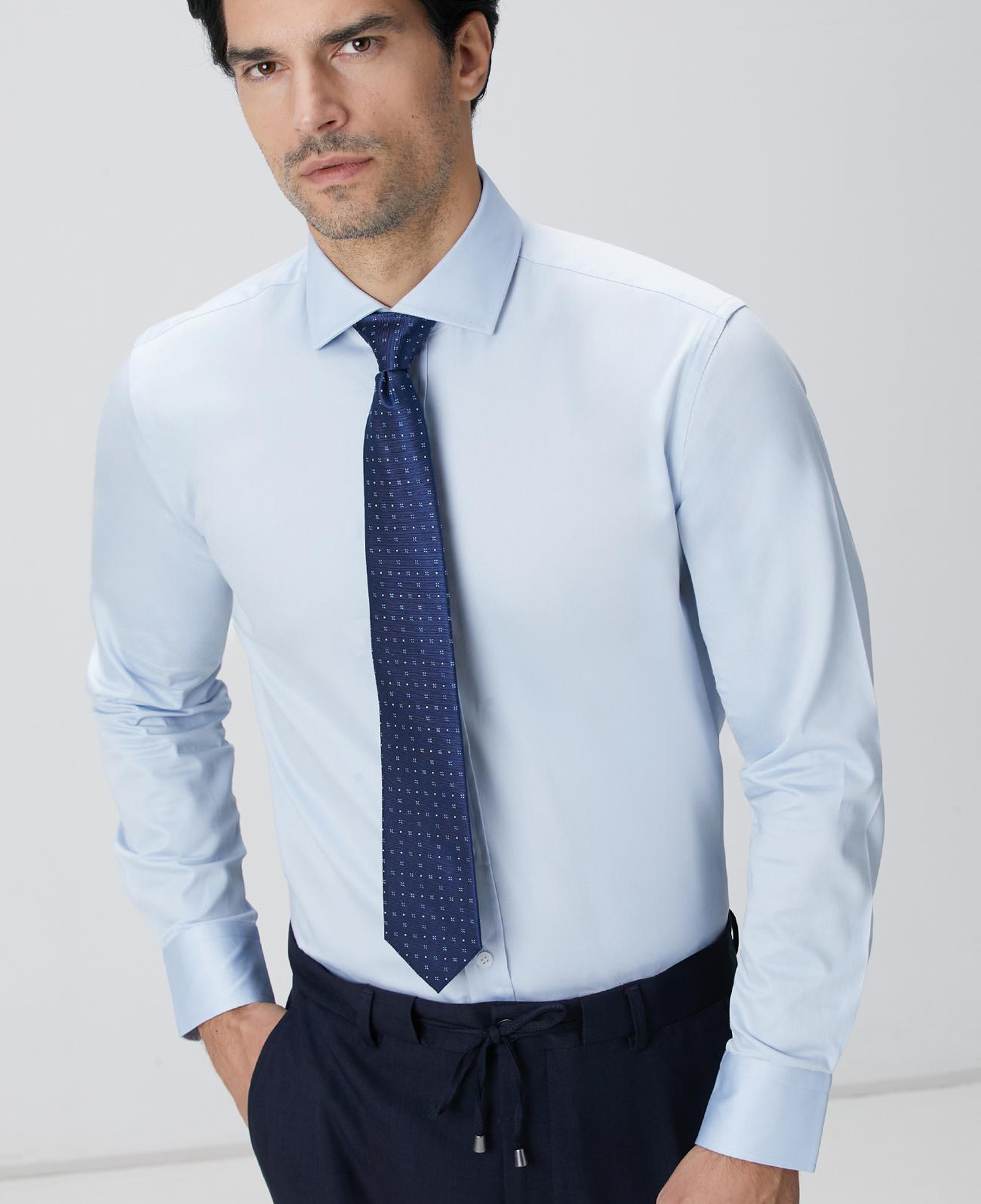 Network Erkek Slim Fit Mavi Pamuk Saten Gömlek