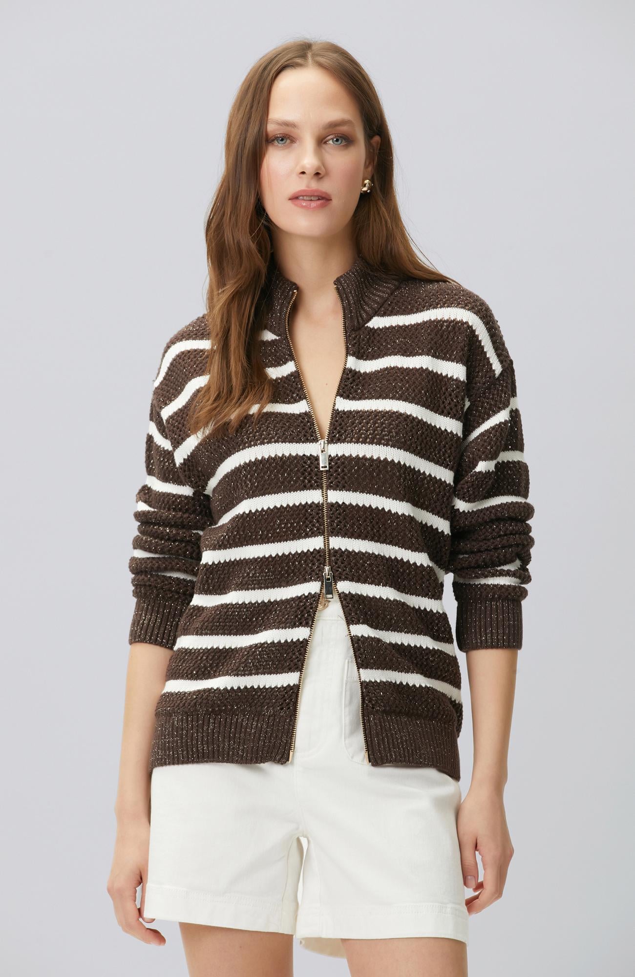 Network Kadın Kahverengi Simli Ajurlu Hırka