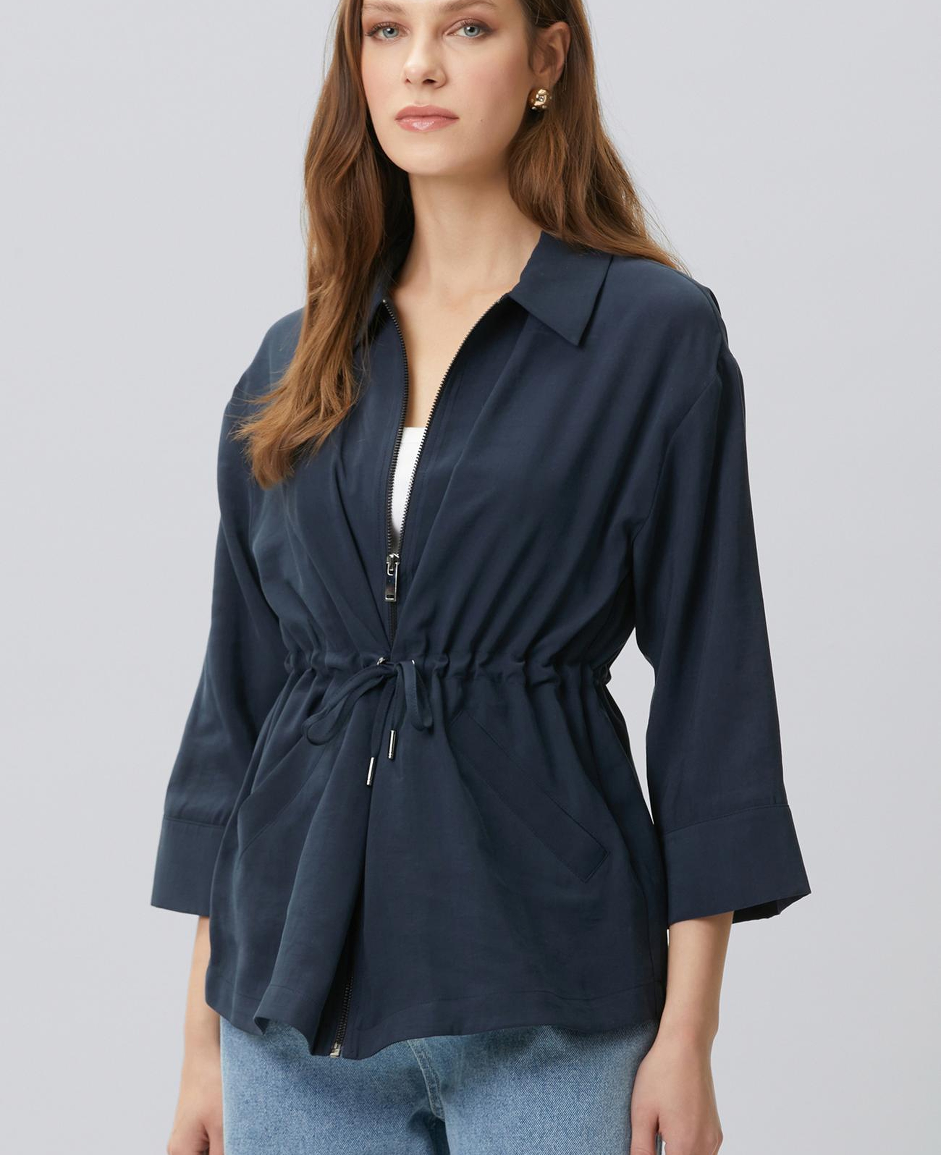 Network Kadın Lacivert Açık Kruvaze Kol Ucu Desenli Ceket