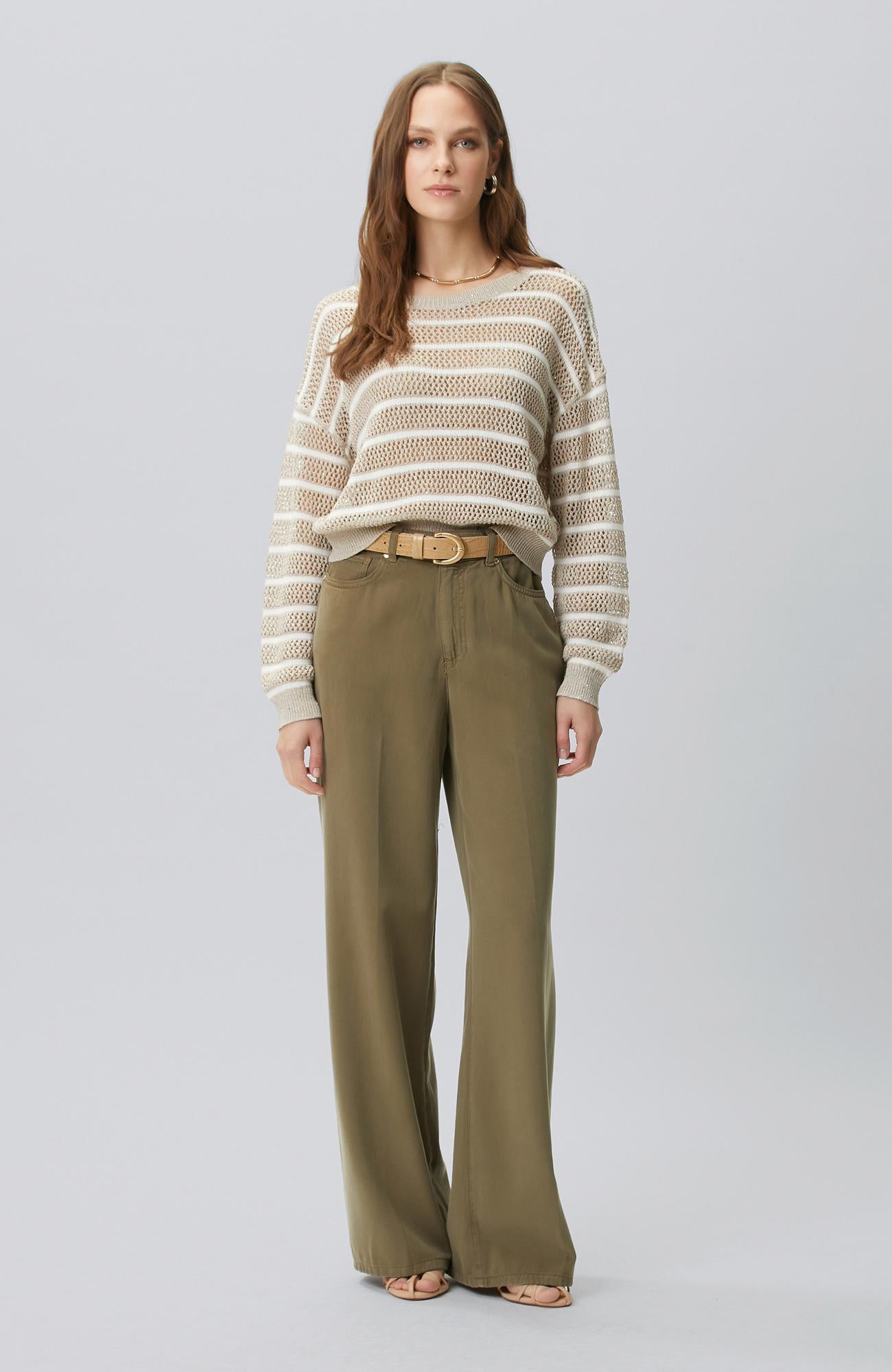 Network Kadın Wide Leg Haki Tencel Karışımlı Casual Pantolon