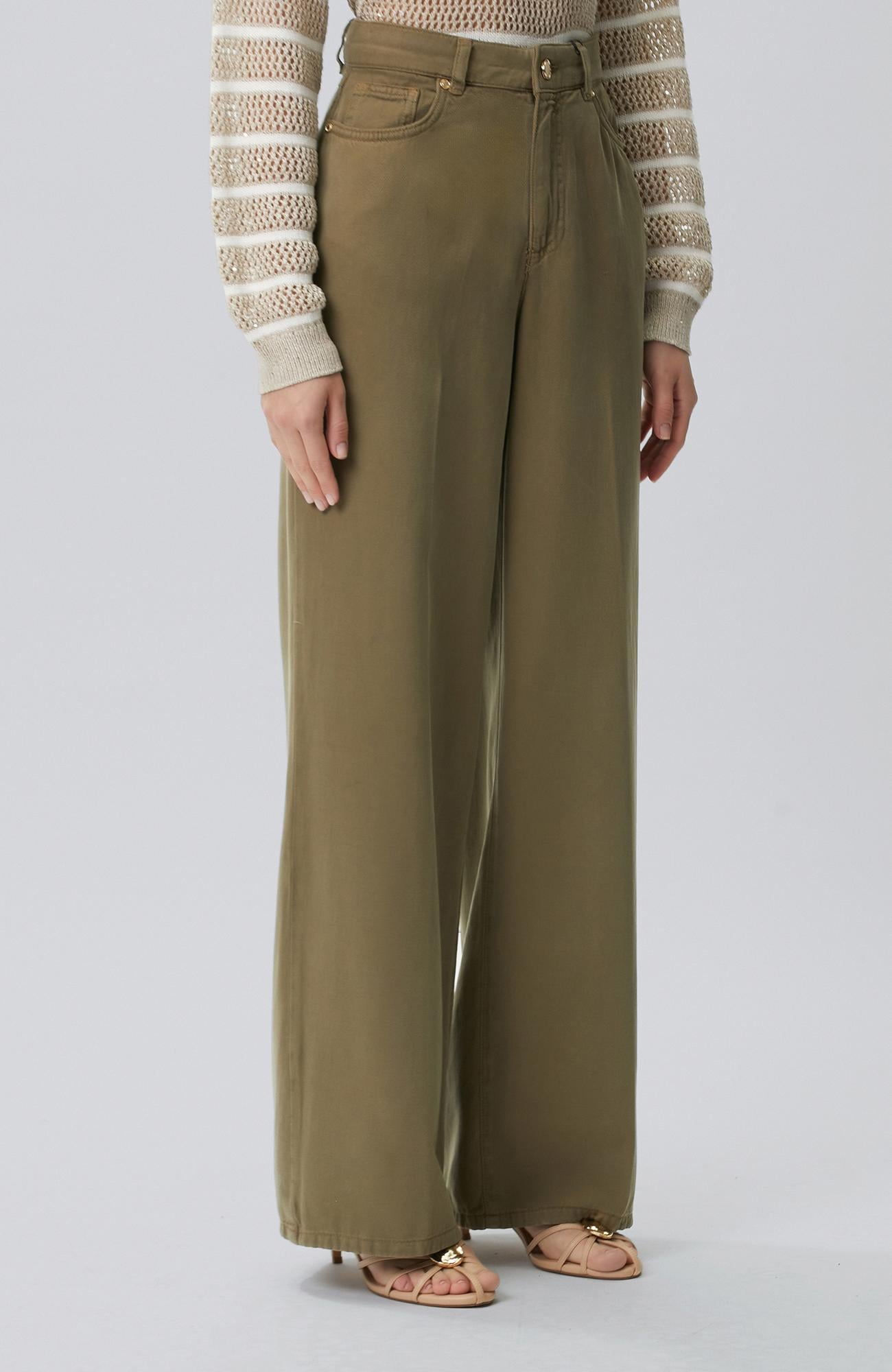 Network Kadın Wide Leg Haki Tencel Karışımlı Casual Pantolon