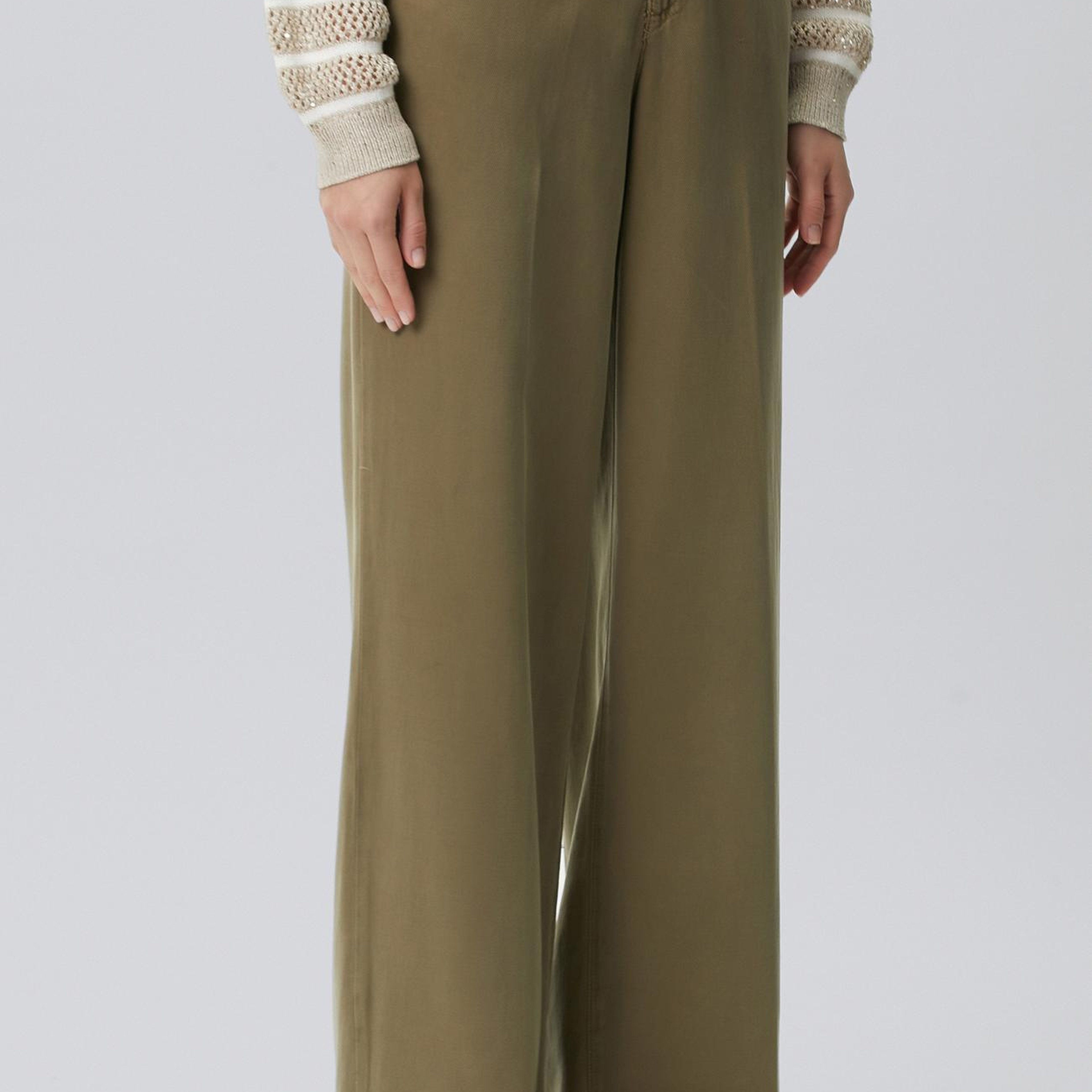 Network Kadın Wide Leg Haki Tencel Karışımlı Casual Pantolon