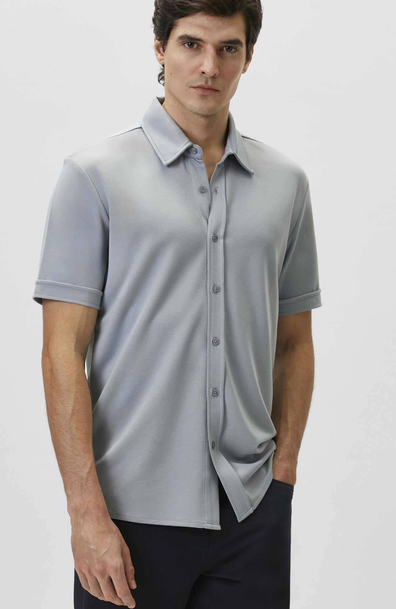 Network Erkek Slim Fit Açık Mavi Kısa Kol Örme Gömlek