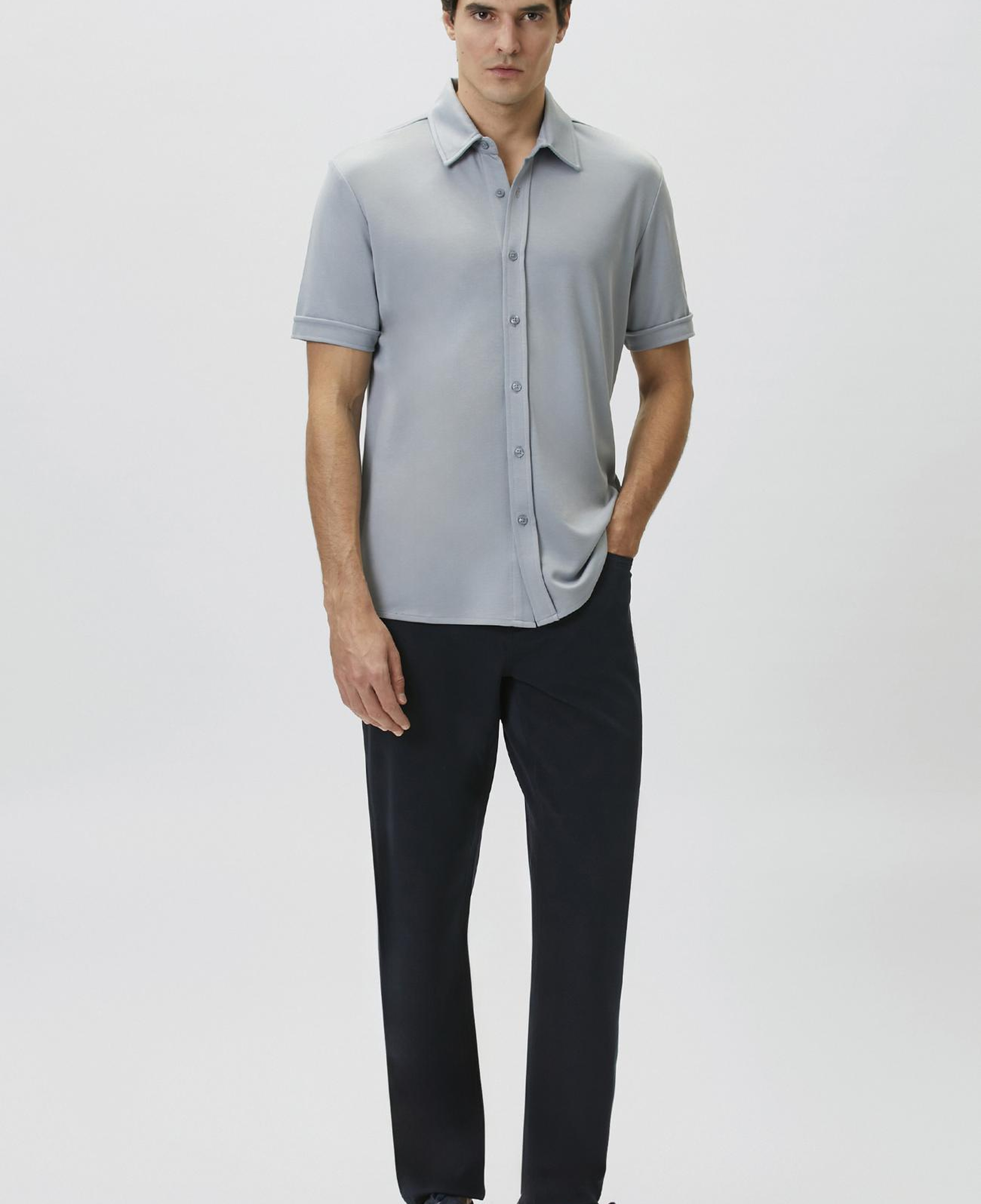 Network Erkek Slim Fit Açık Mavi Kısa Kol Örme Gömlek