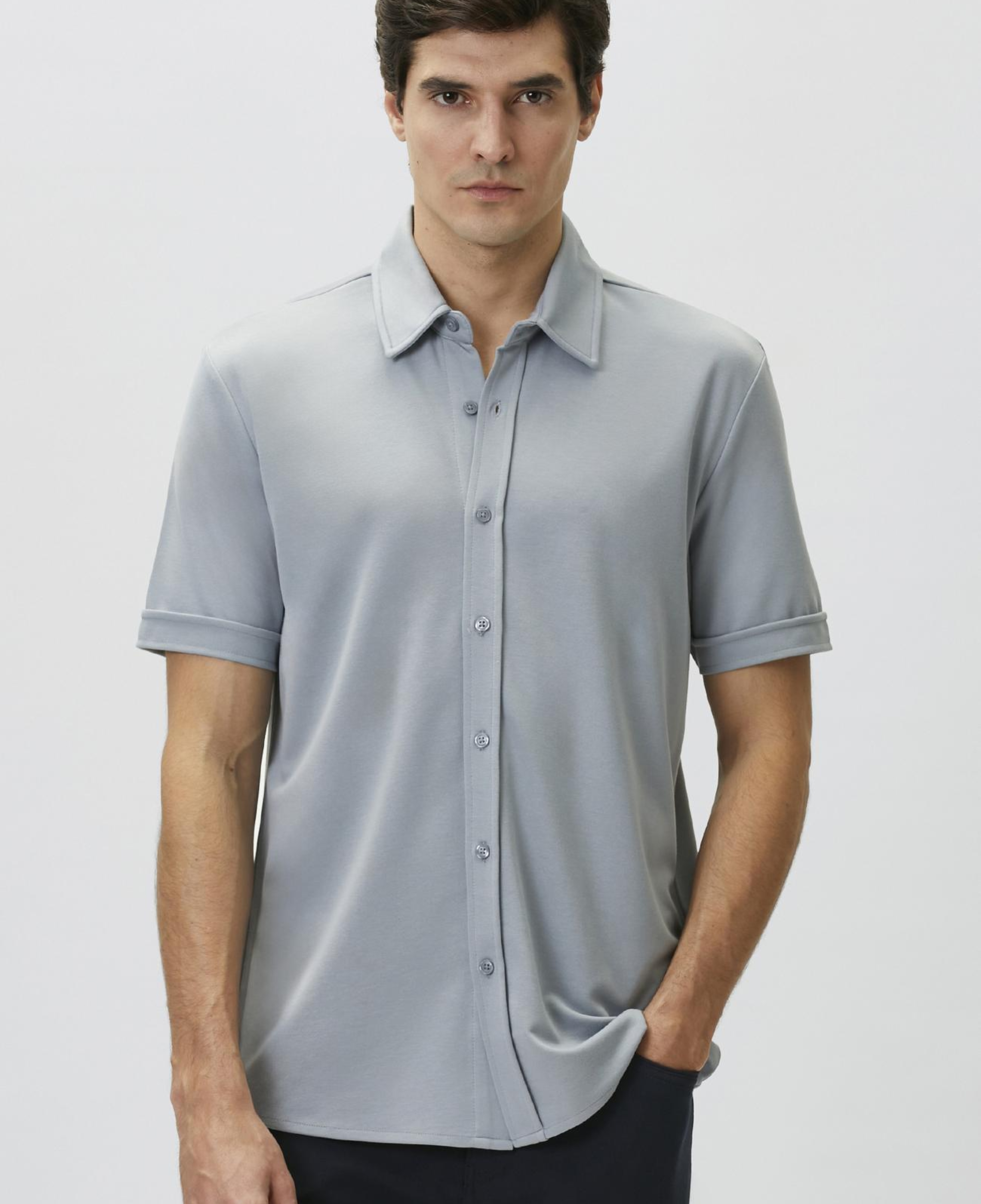 Network Erkek Slim Fit Açık Mavi Kısa Kol Örme Gömlek
