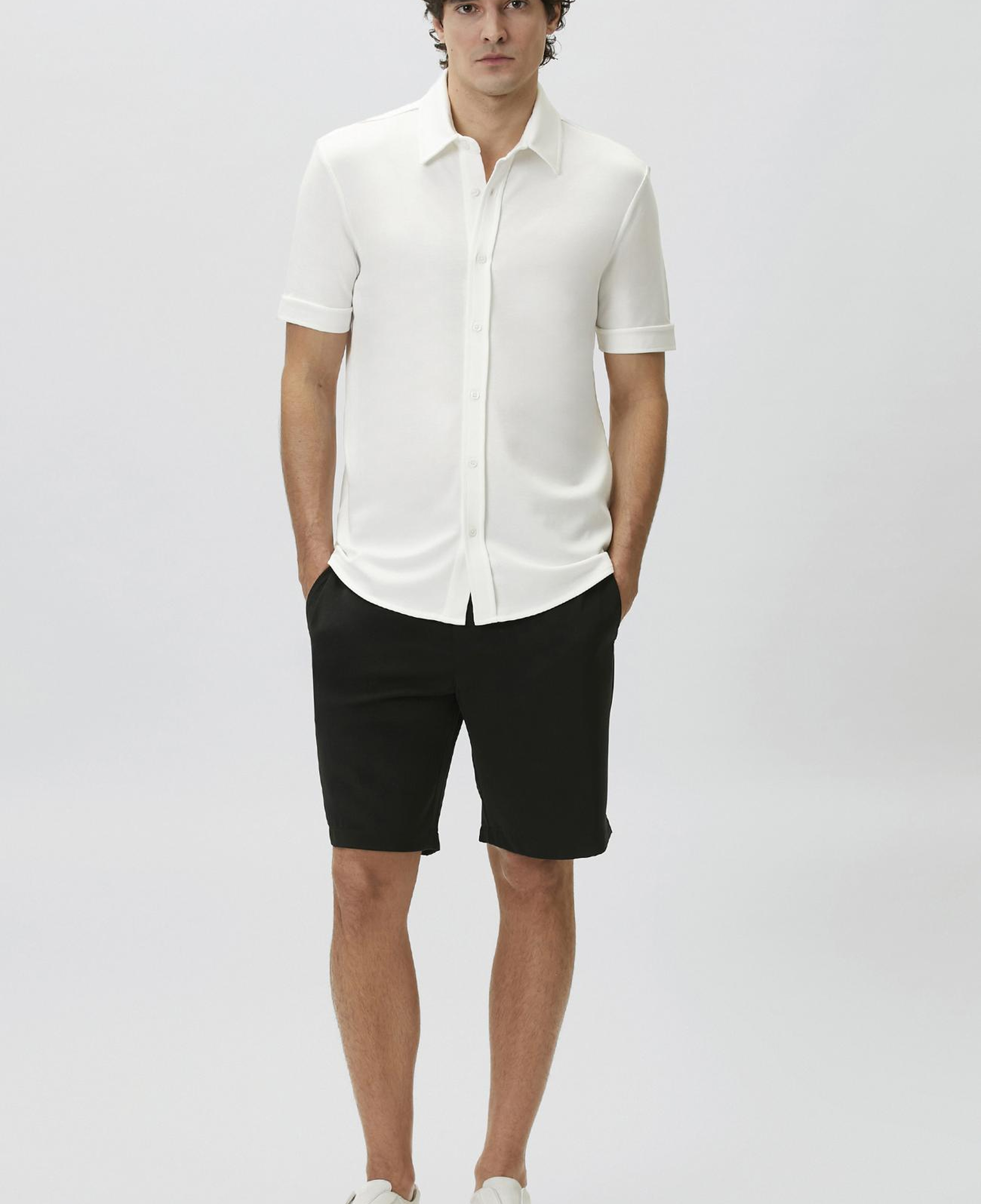Network Erkek Slim Fit Kırık Beyaz Kısa Kol Örme Gömlek