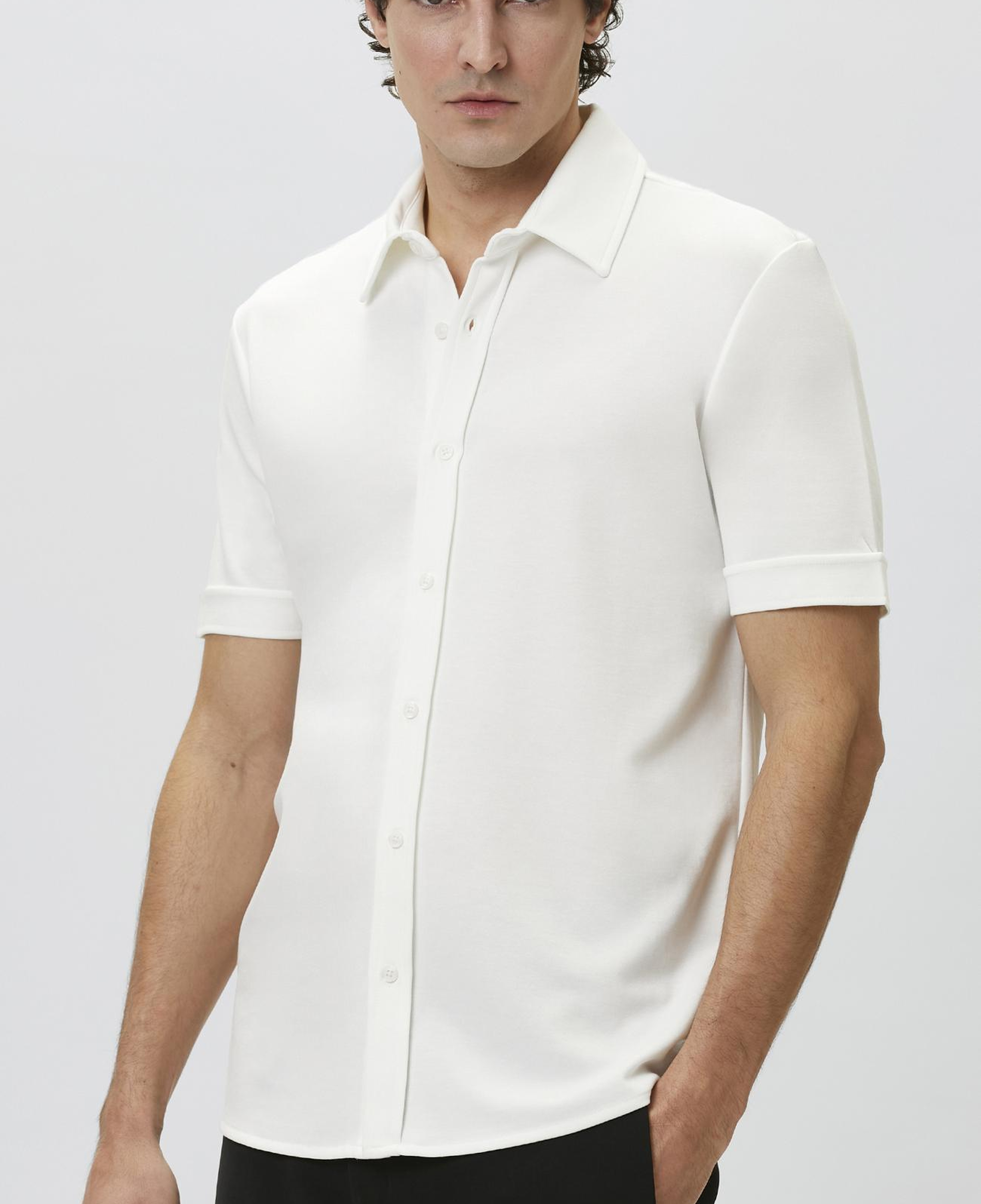 Network Erkek Slim Fit Kırık Beyaz Kısa Kol Örme Gömlek