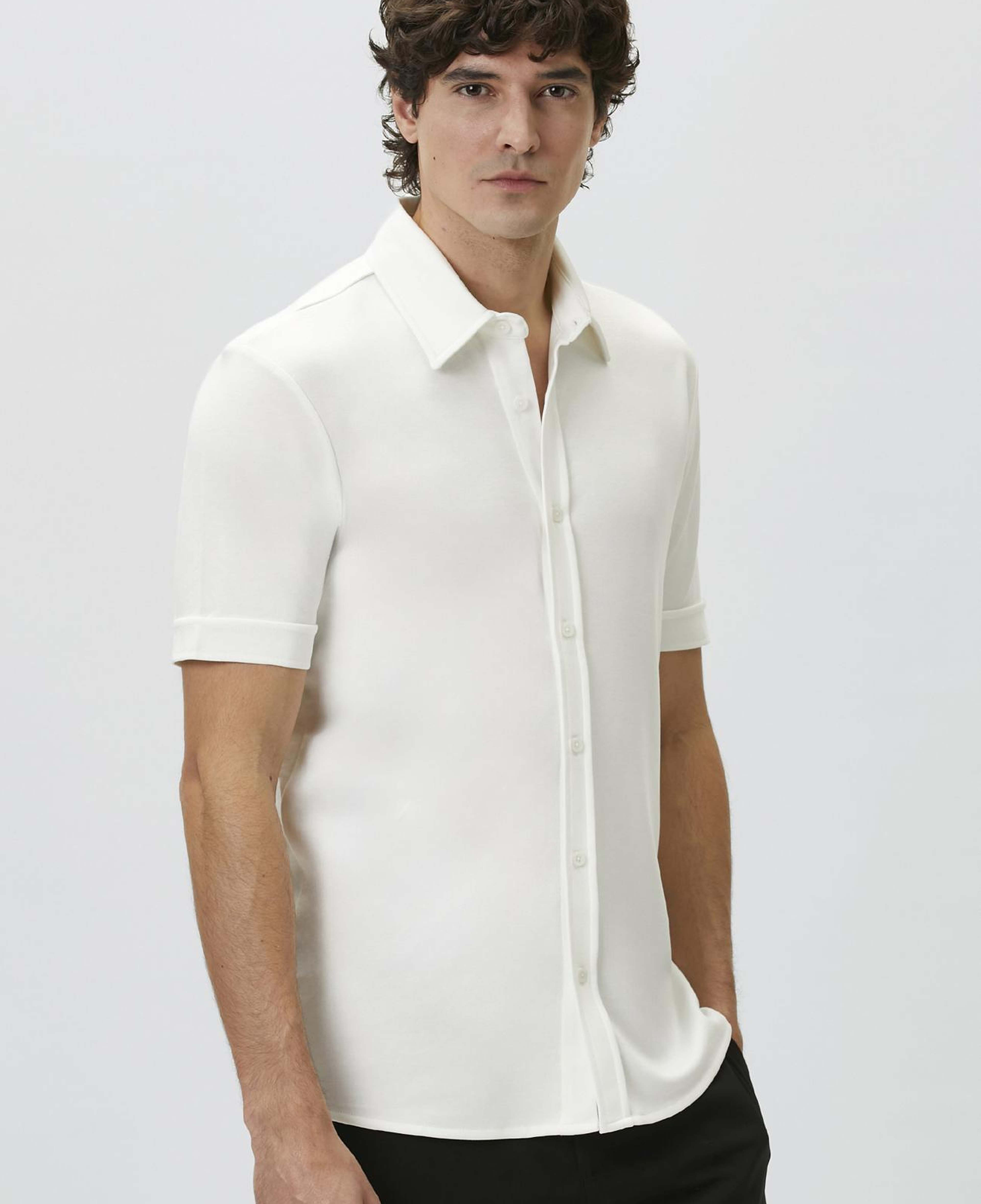 Network Erkek Slim Fit Kırık Beyaz Kısa Kol Örme Gömlek
