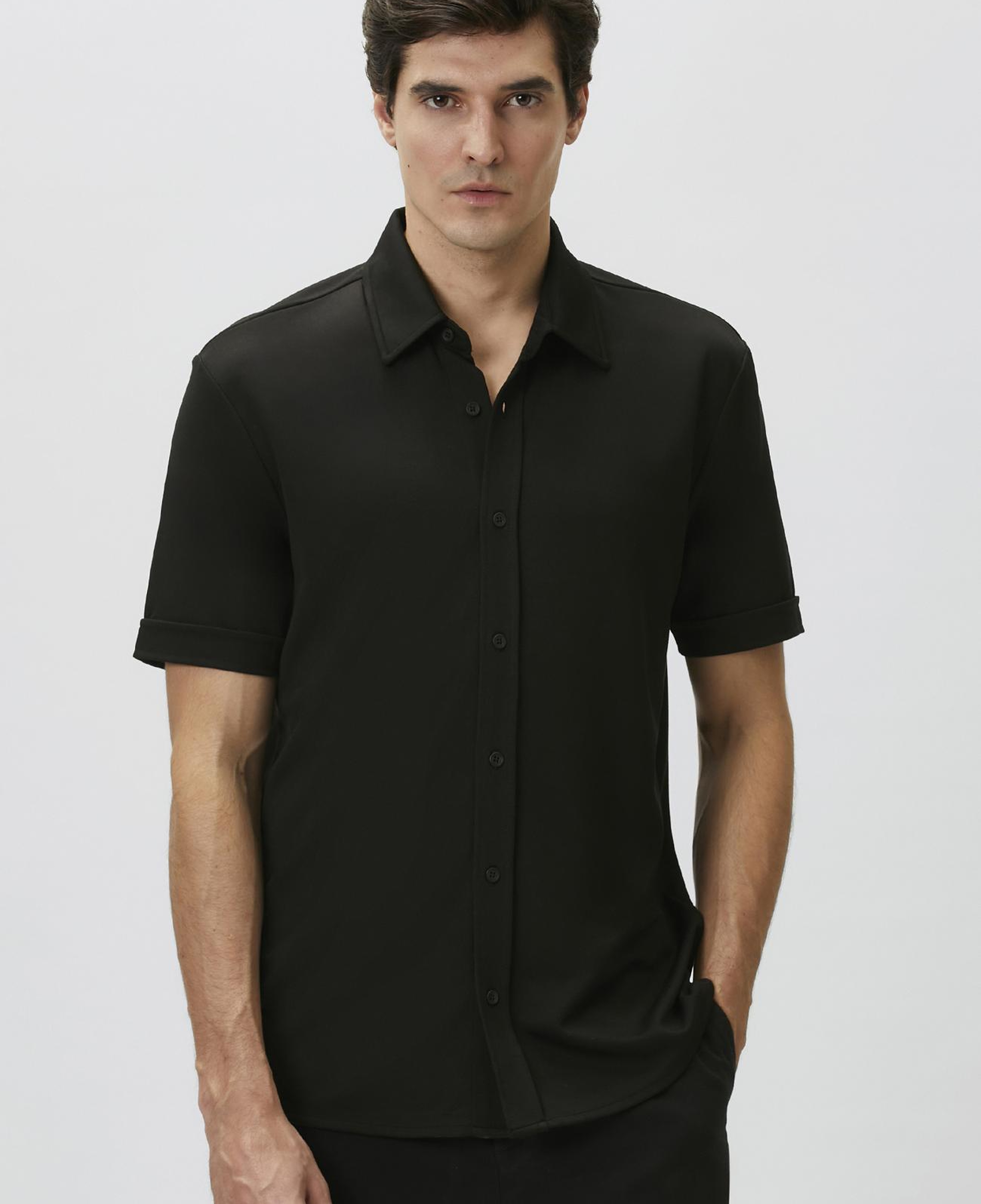 Network Erkek Slim Fit Siyah Kısa Kol Örme Gömlek