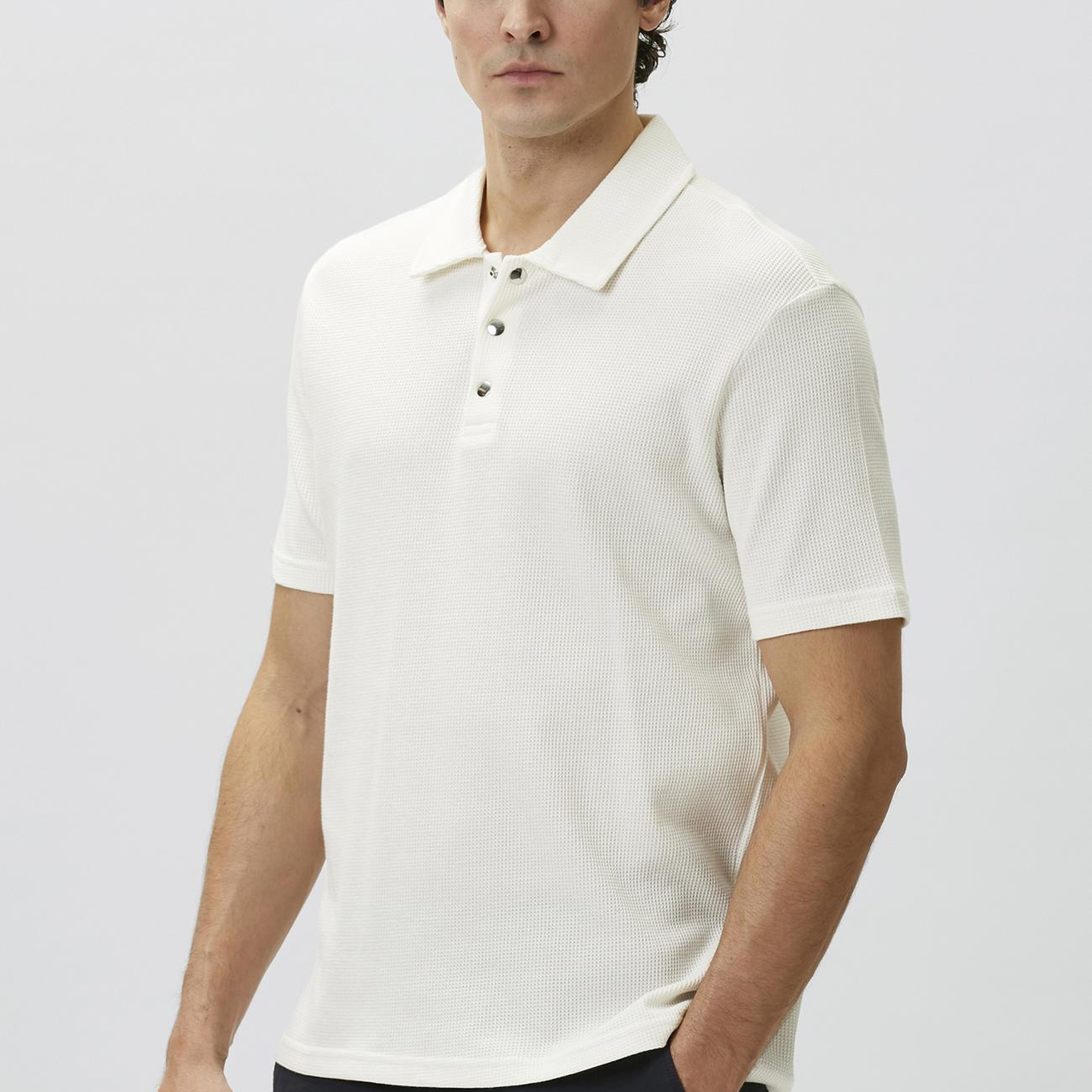 Network Erkek Slim Fit Beyaz Polo Yaka Waffle T-shirt