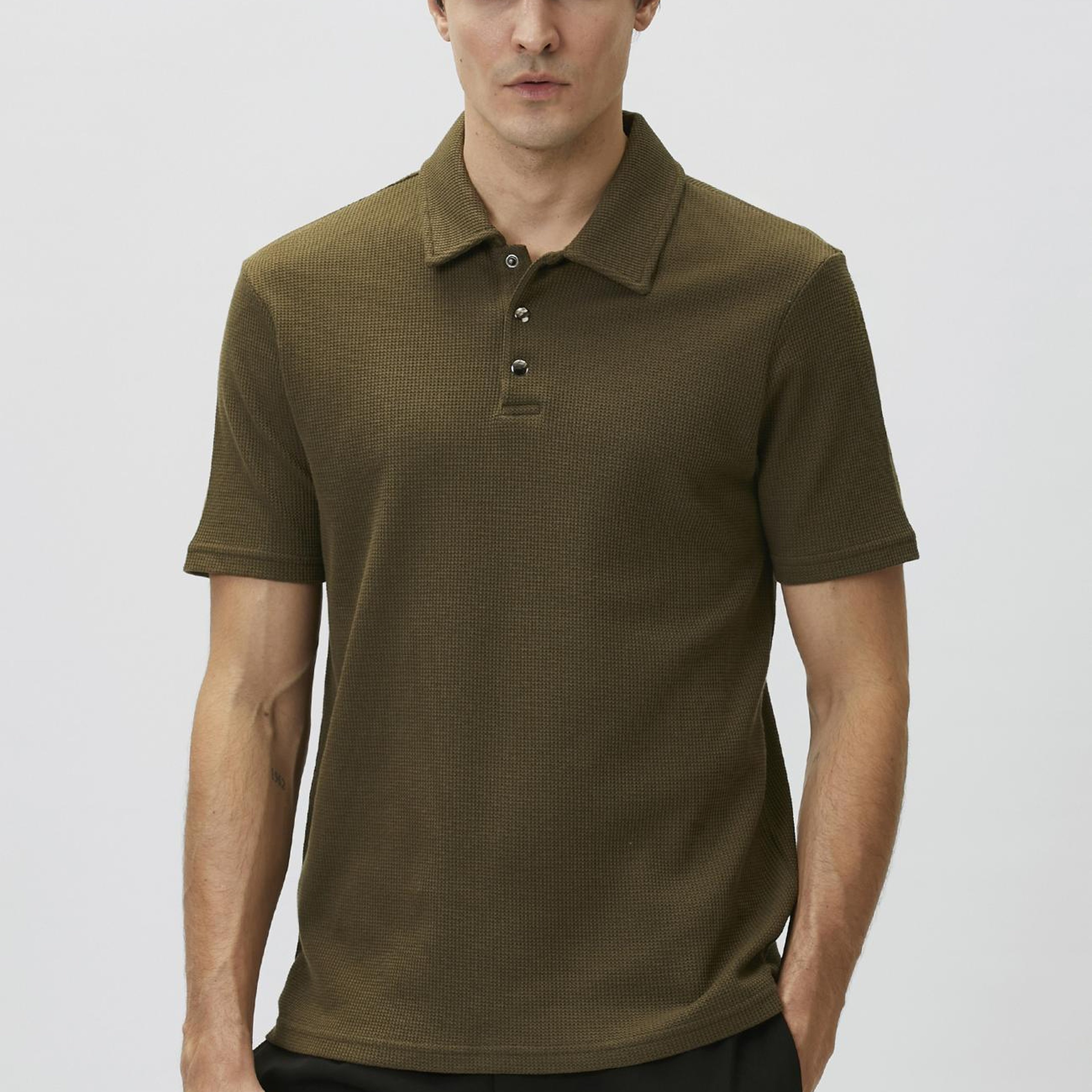Network Erkek Slim Fit Haki Polo Yaka Waffle T-shirt