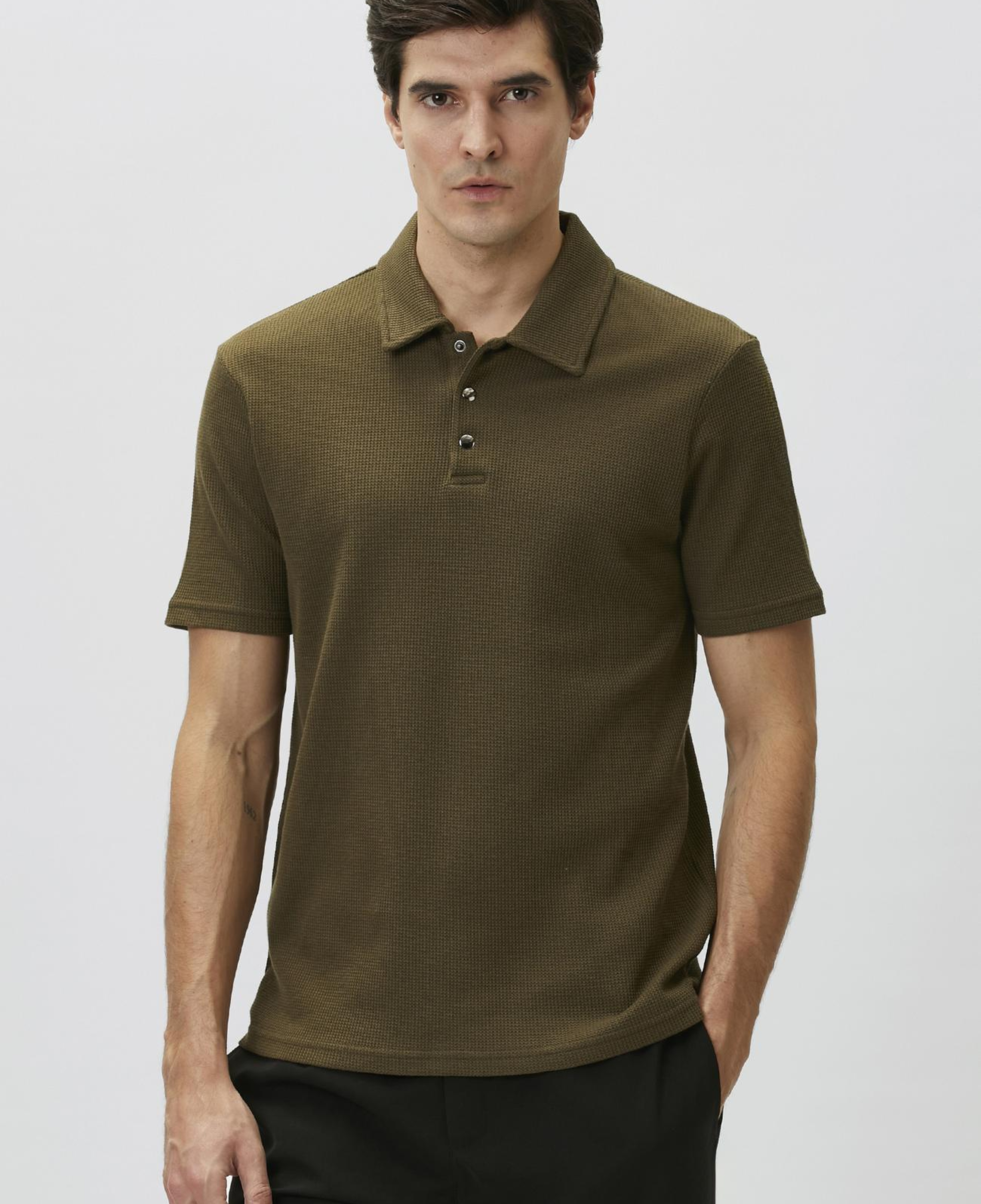 Network Erkek Slim Fit Haki Polo Yaka Waffle T-shirt