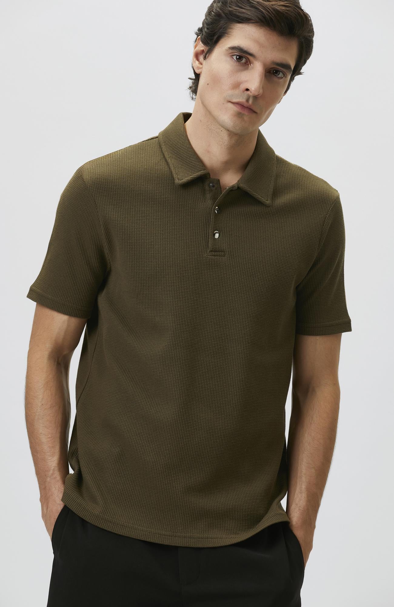 Network Erkek Slim Fit Haki Polo Yaka Waffle T-shirt