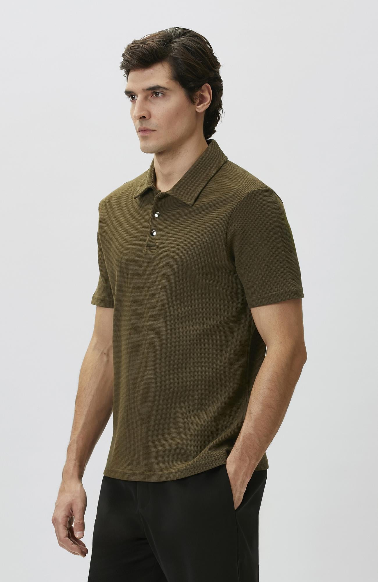Network Erkek Slim Fit Haki Polo Yaka Waffle T-shirt