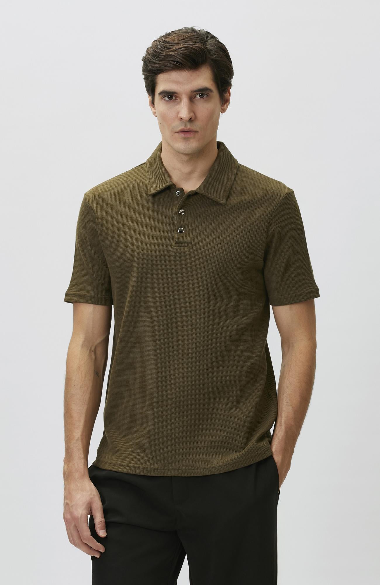 Network Erkek Slim Fit Haki Polo Yaka Waffle T-shirt