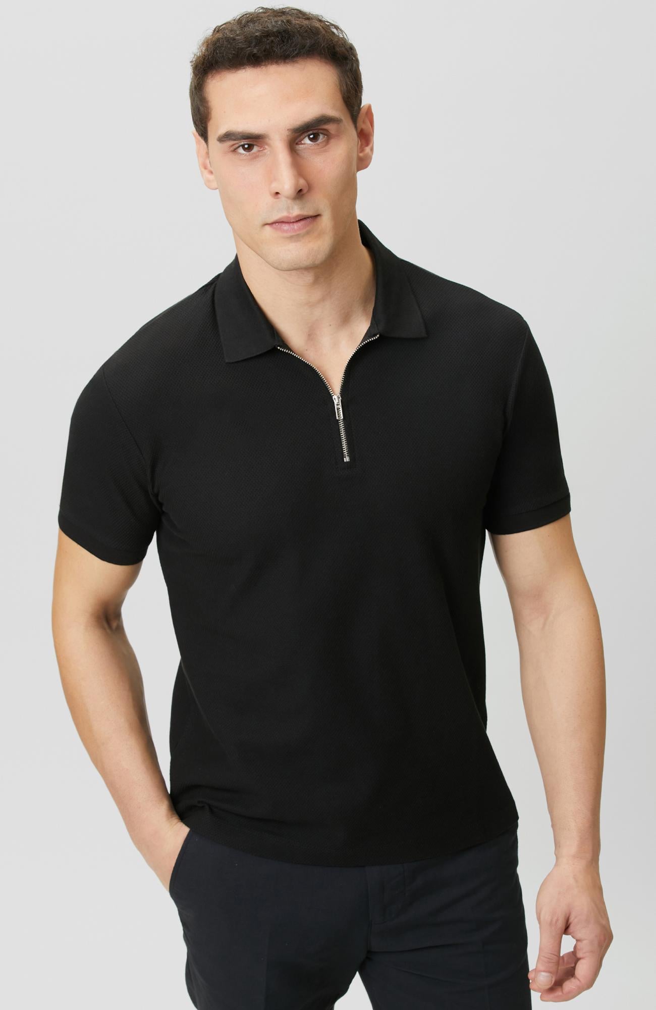 Network Erkek Slim Fit Siyah Polo Yaka Jakarlı Pike T-shirt