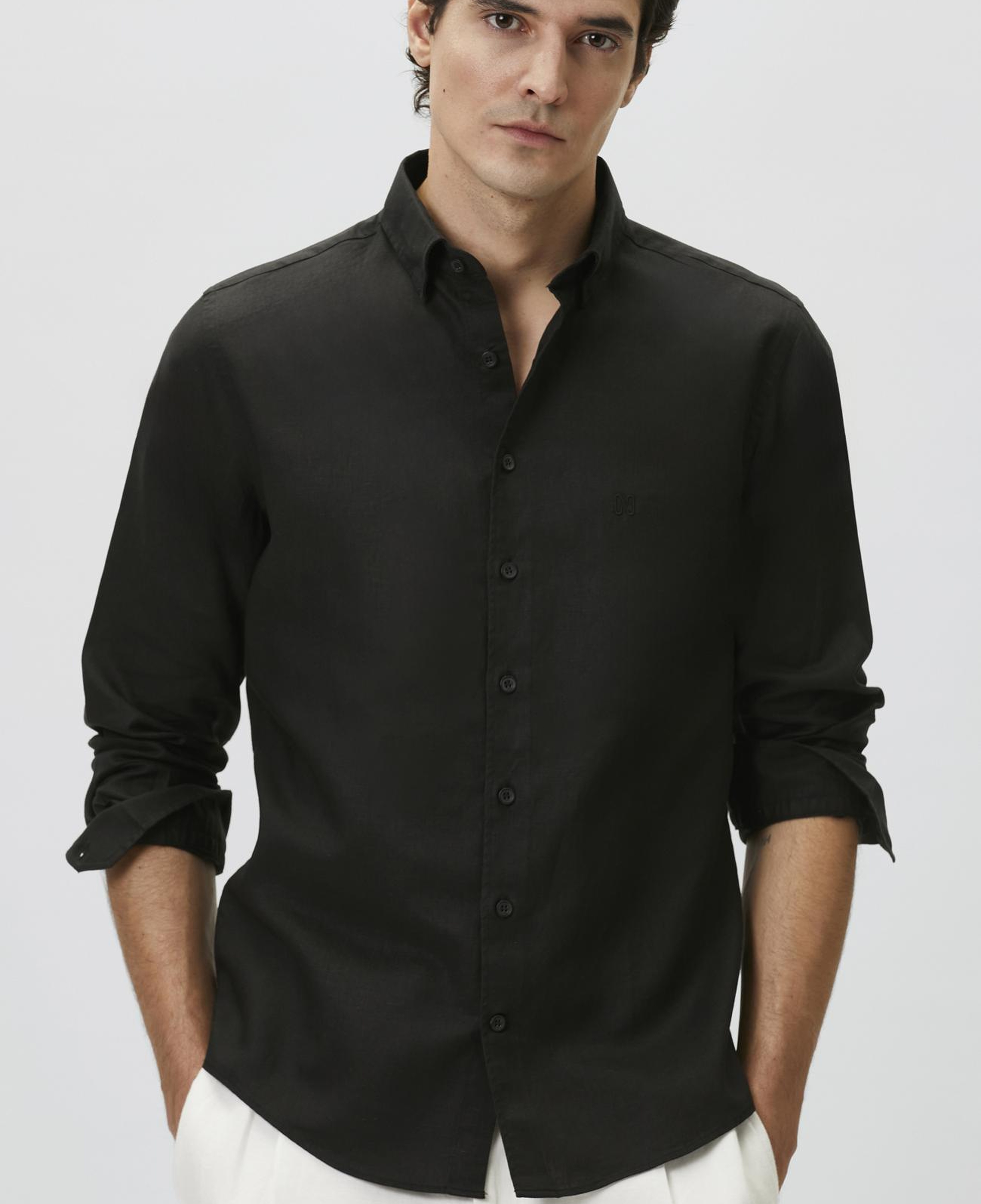 Network Erkek Slim Fit Siyah Keten Gömlek