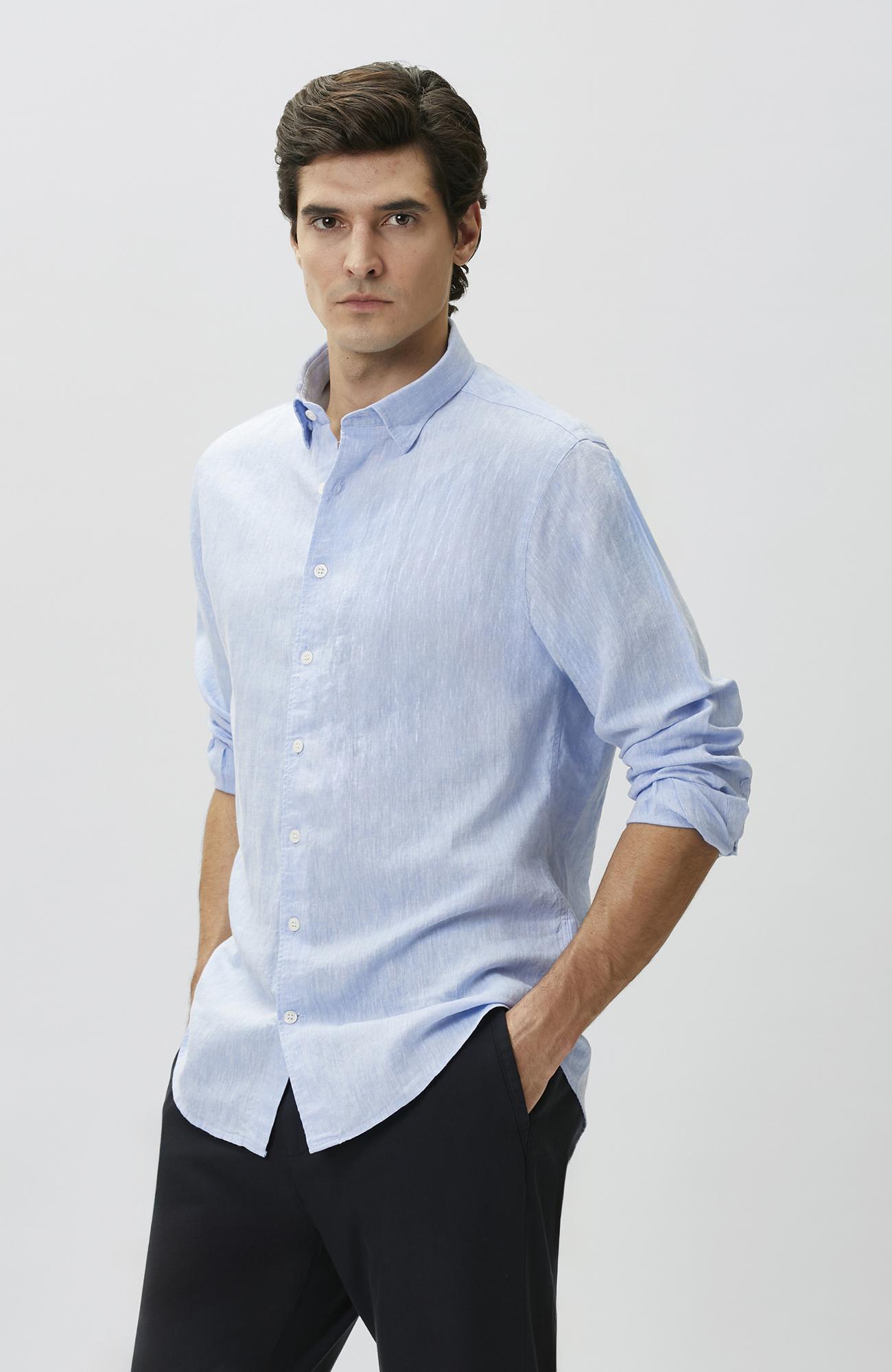 Network Erkek Slim Fit Açık Mavi Keten Gömlek