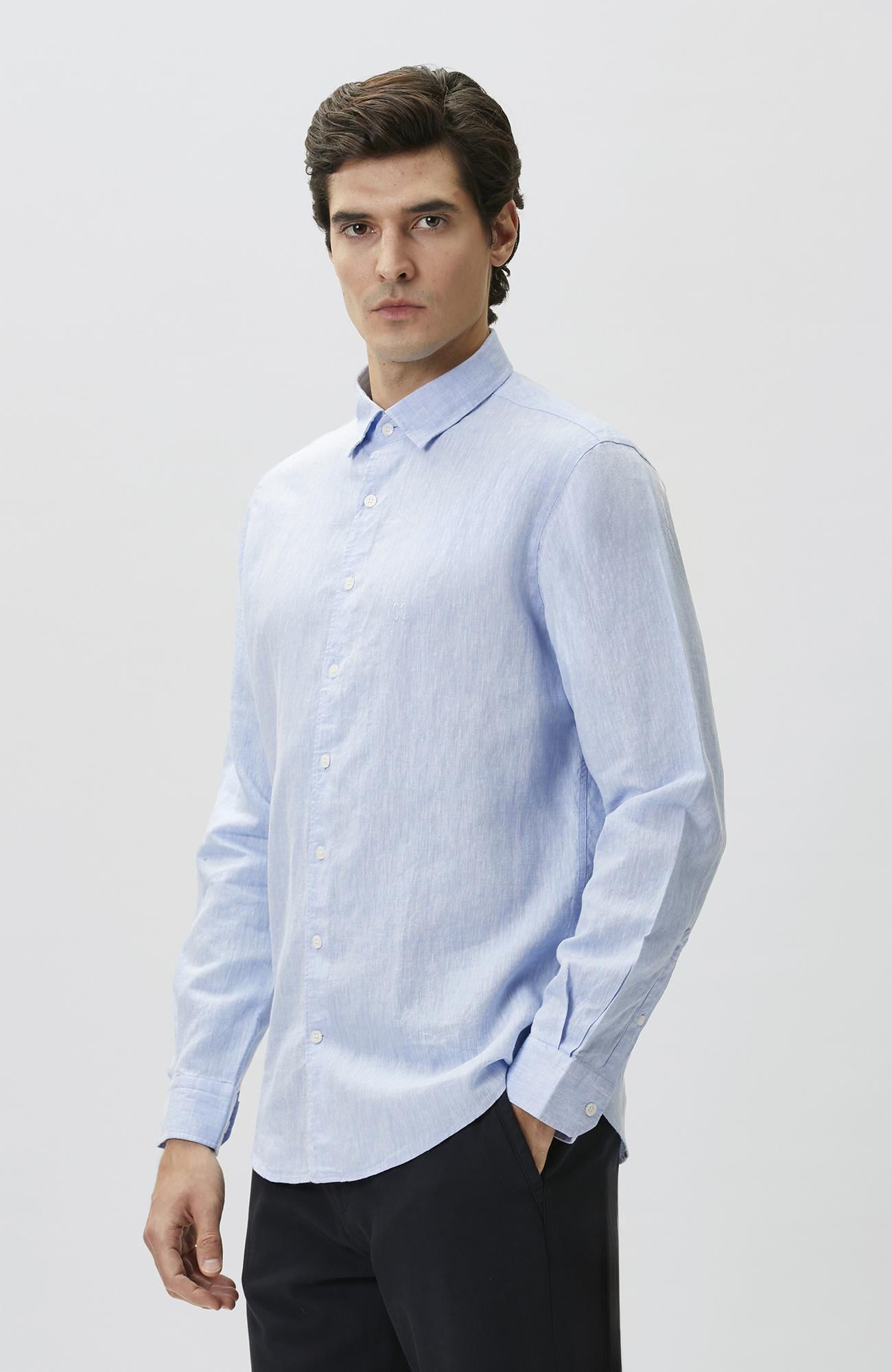 Network Erkek Slim Fit Açık Mavi Keten Gömlek
