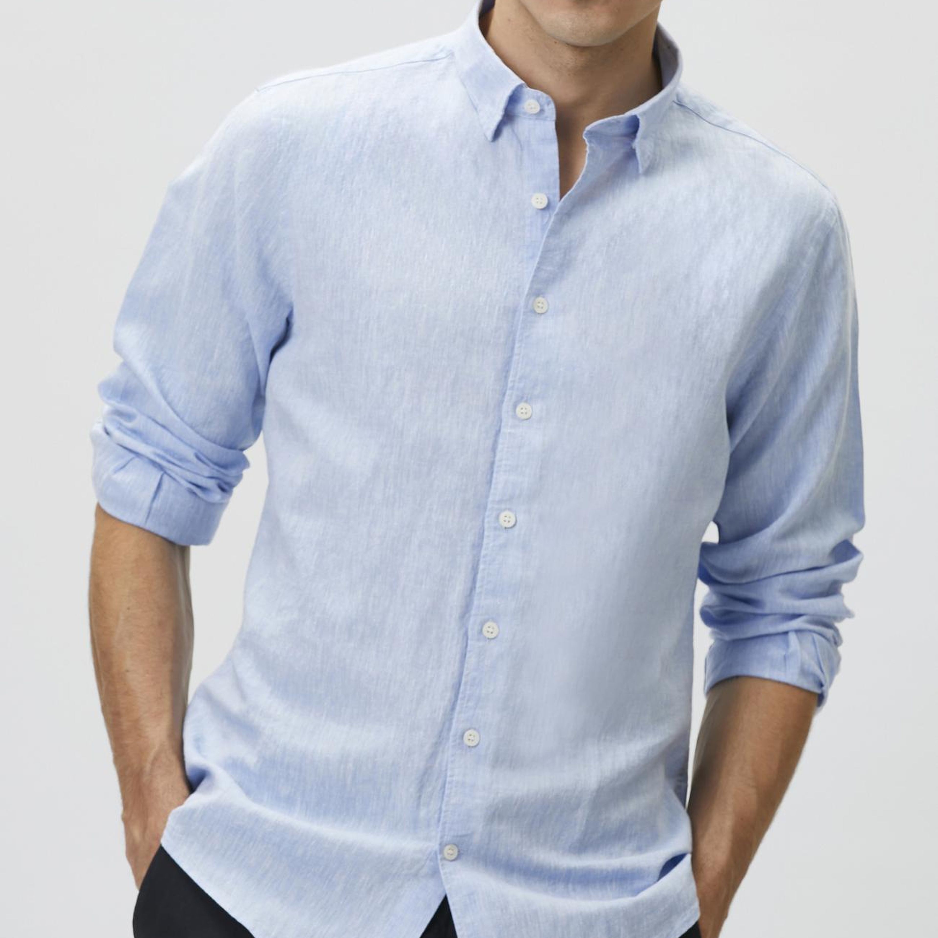 Network Erkek Slim Fit Açık Mavi Keten Gömlek