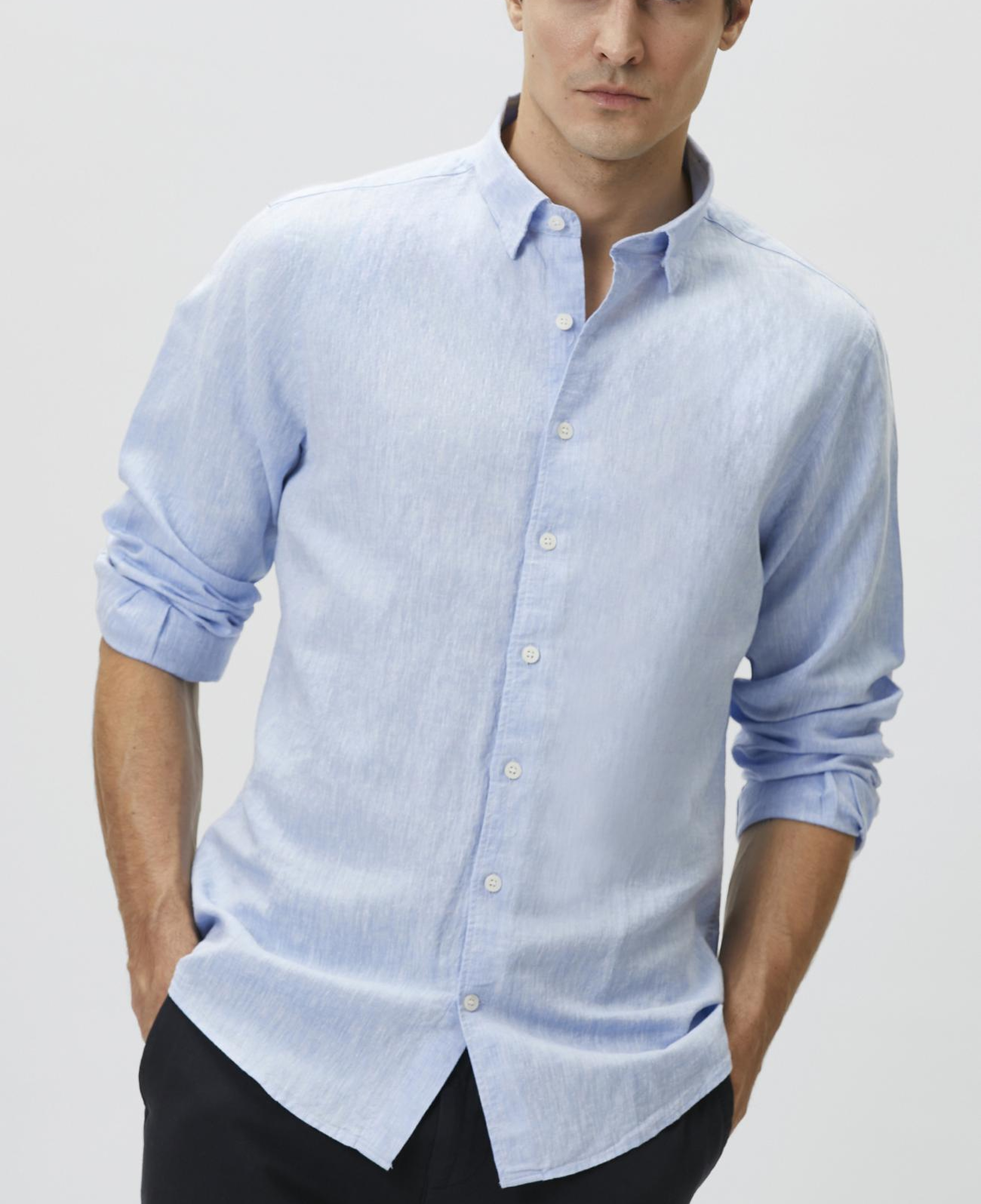 Network Erkek Slim Fit Açık Mavi Keten Gömlek