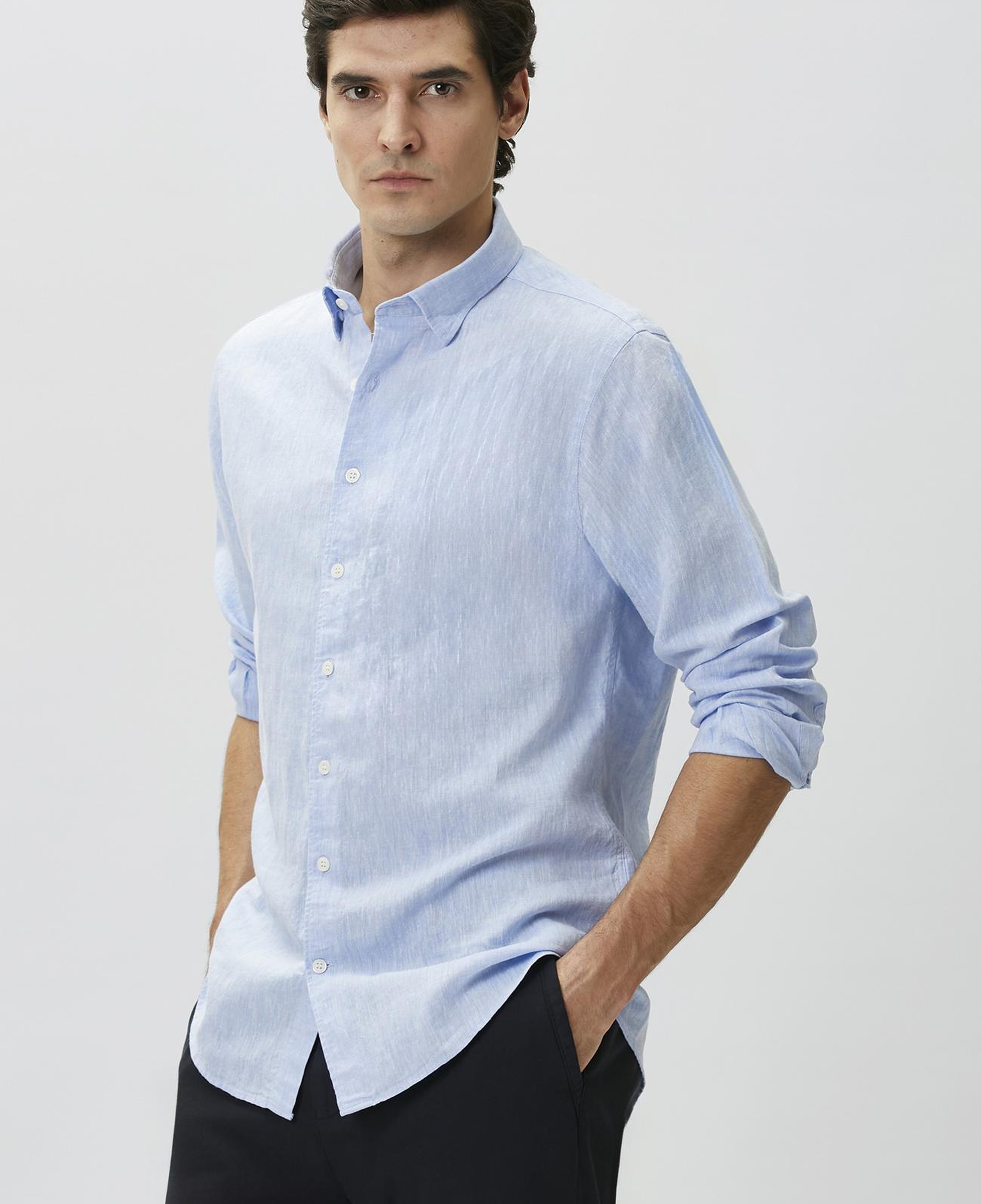 Network Erkek Slim Fit Açık Mavi Keten Gömlek