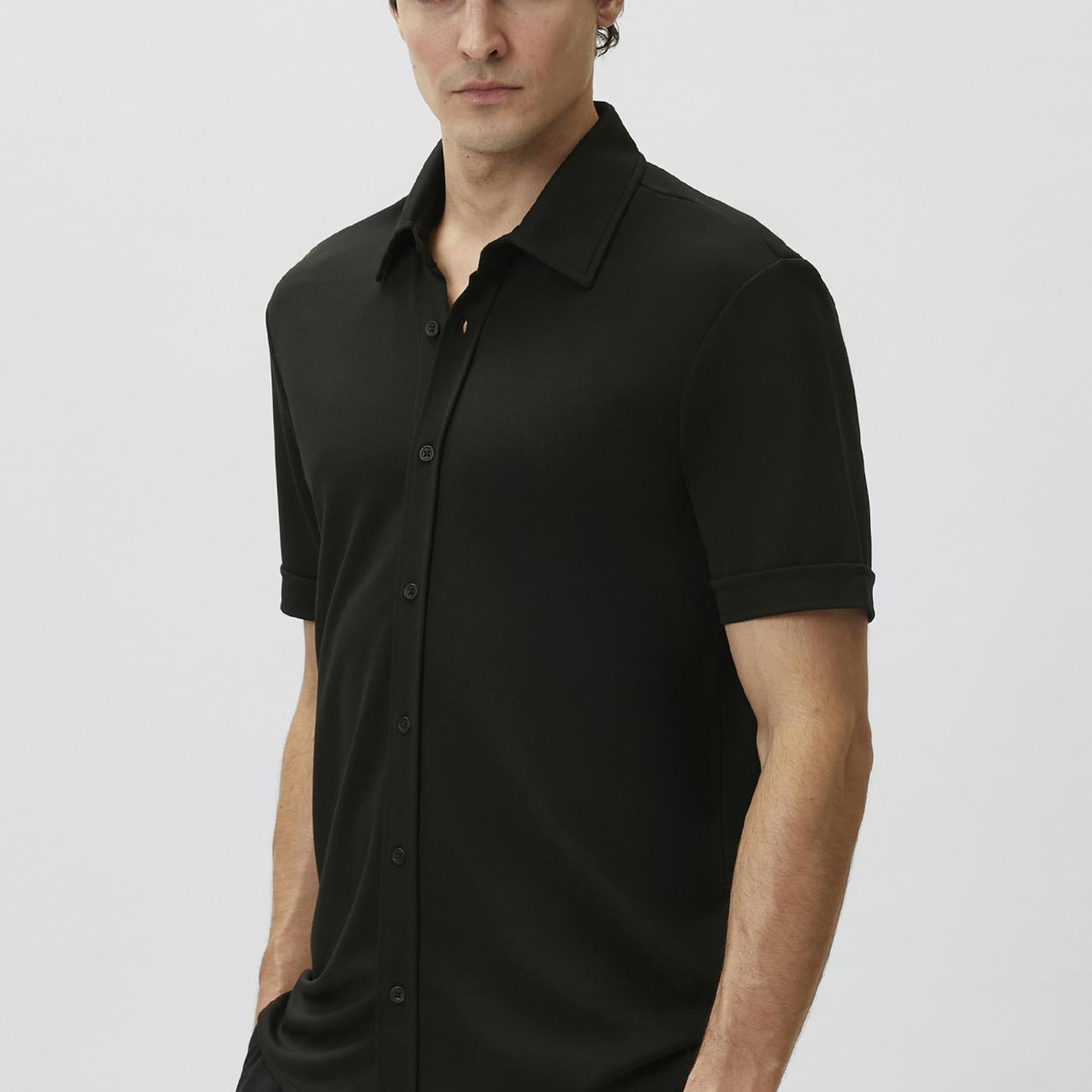 Network Erkek Slim Fit Siyah Kısa Kol Örme Gömlek