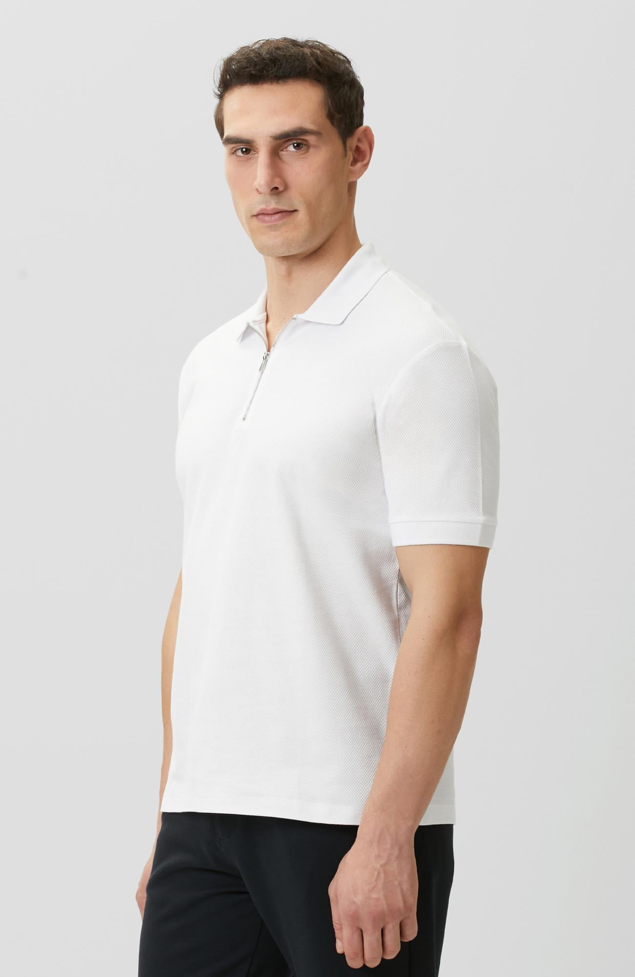 Network Erkek Slim Fit Beyaz Polo Yaka Jakarlı Pike T-shirt