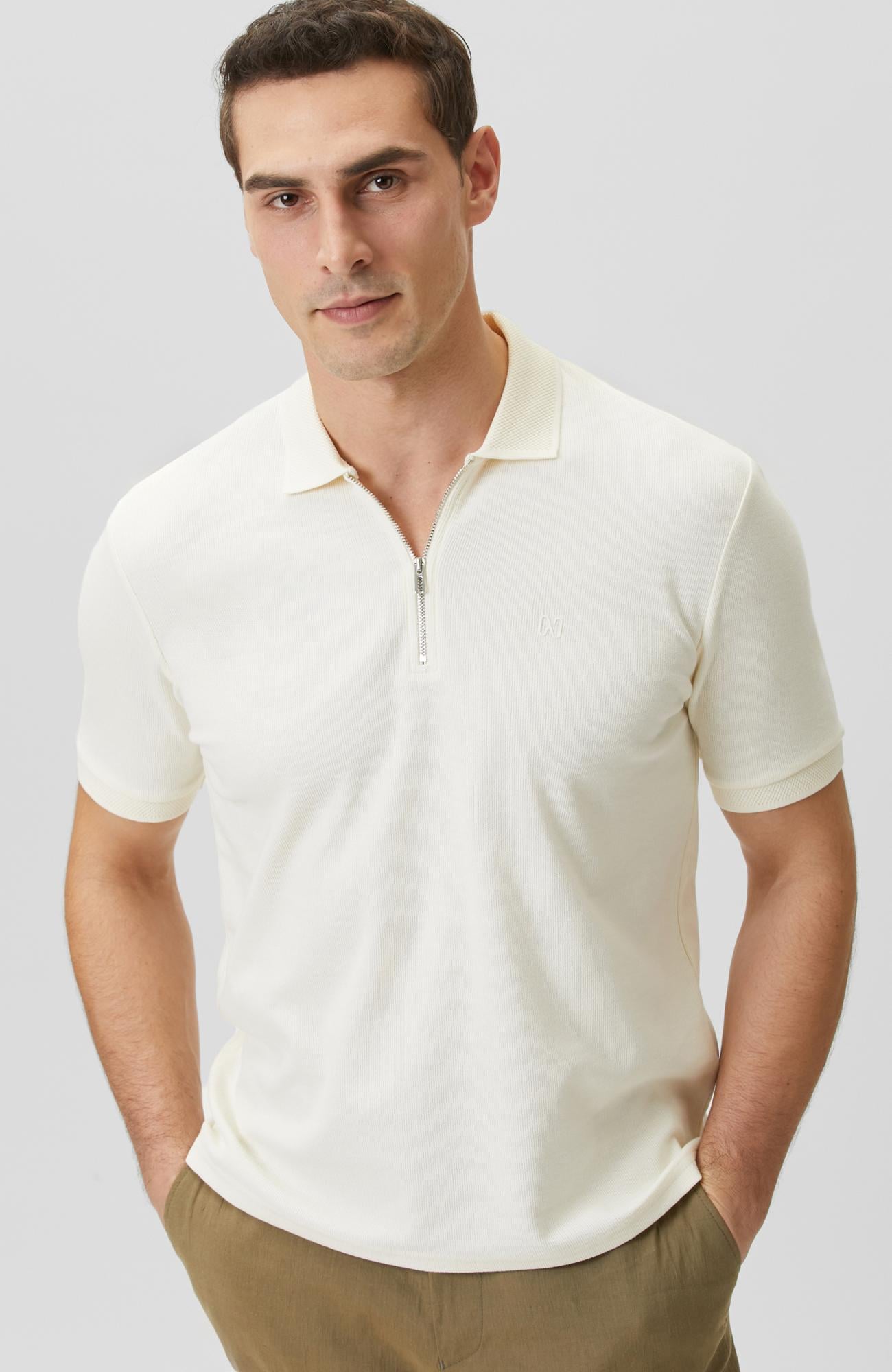 Network Erkek Kırık Beyaz Fermuarlı Polo Yaka Jakarlı T-shirt