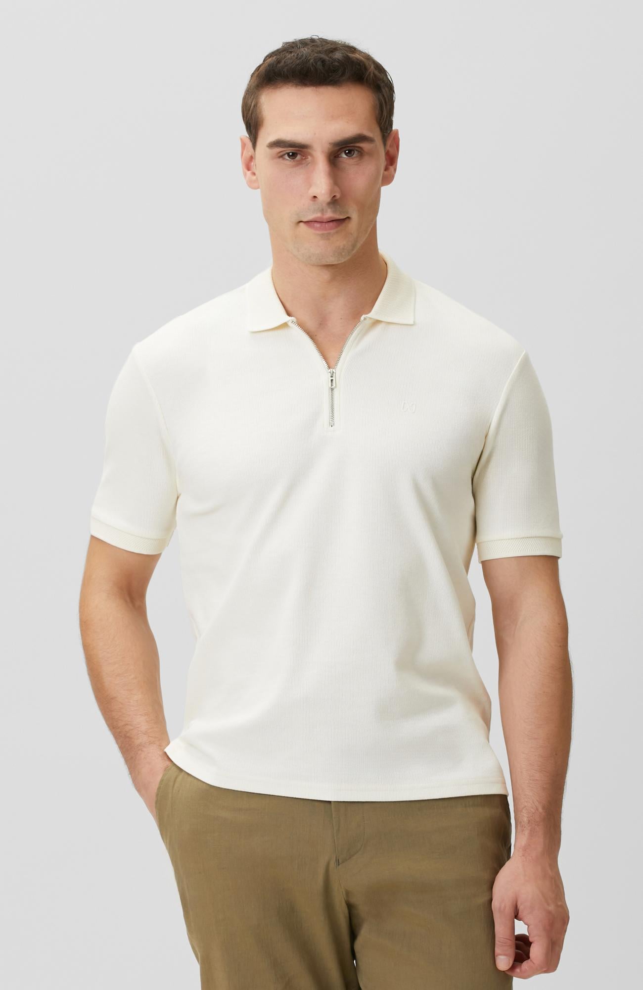 Network Erkek Kırık Beyaz Fermuarlı Polo Yaka Jakarlı T-shirt