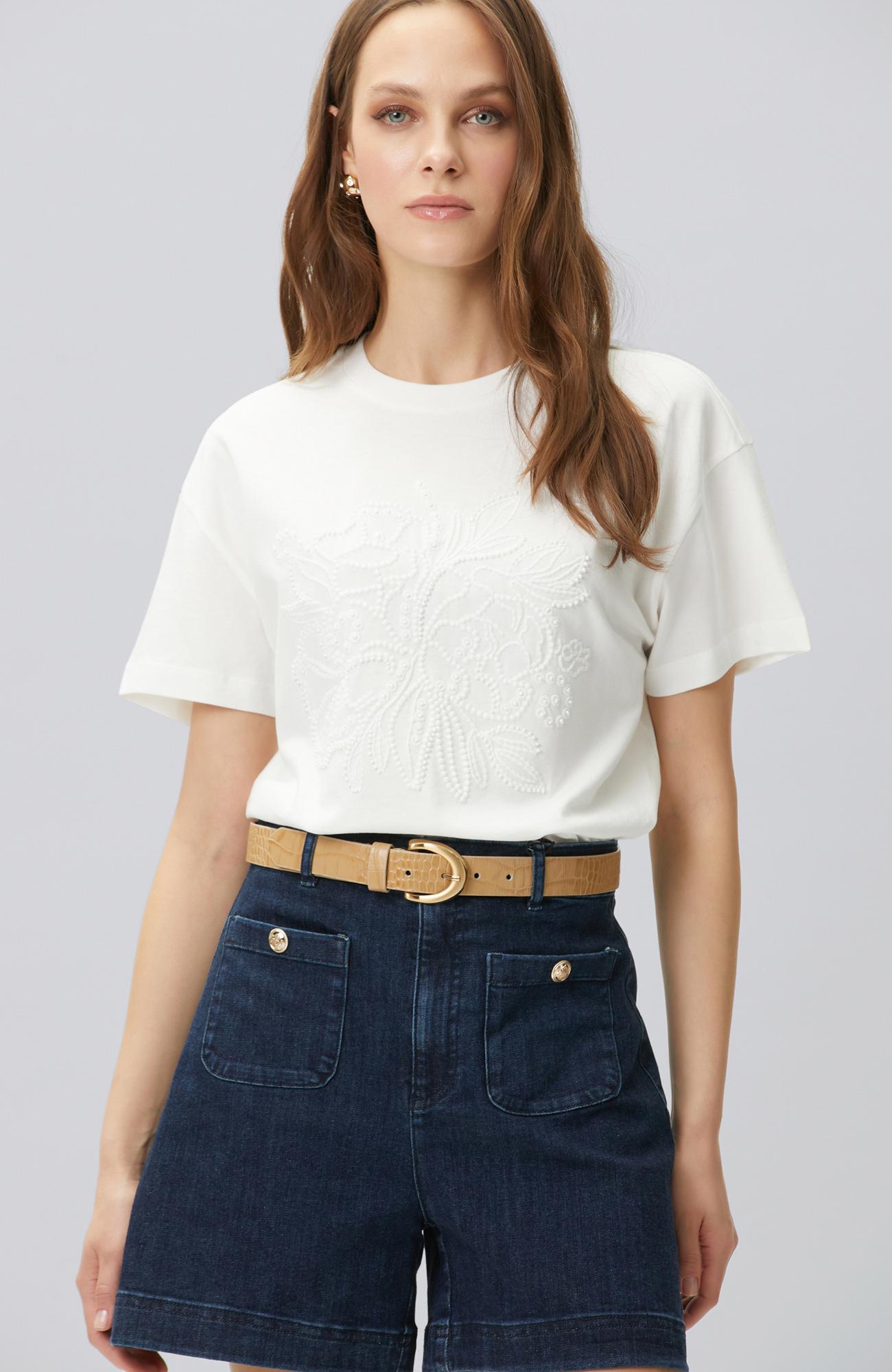 Network Kadın Kırık Beyaz Boncuk İşleme Detaylı T-shirt