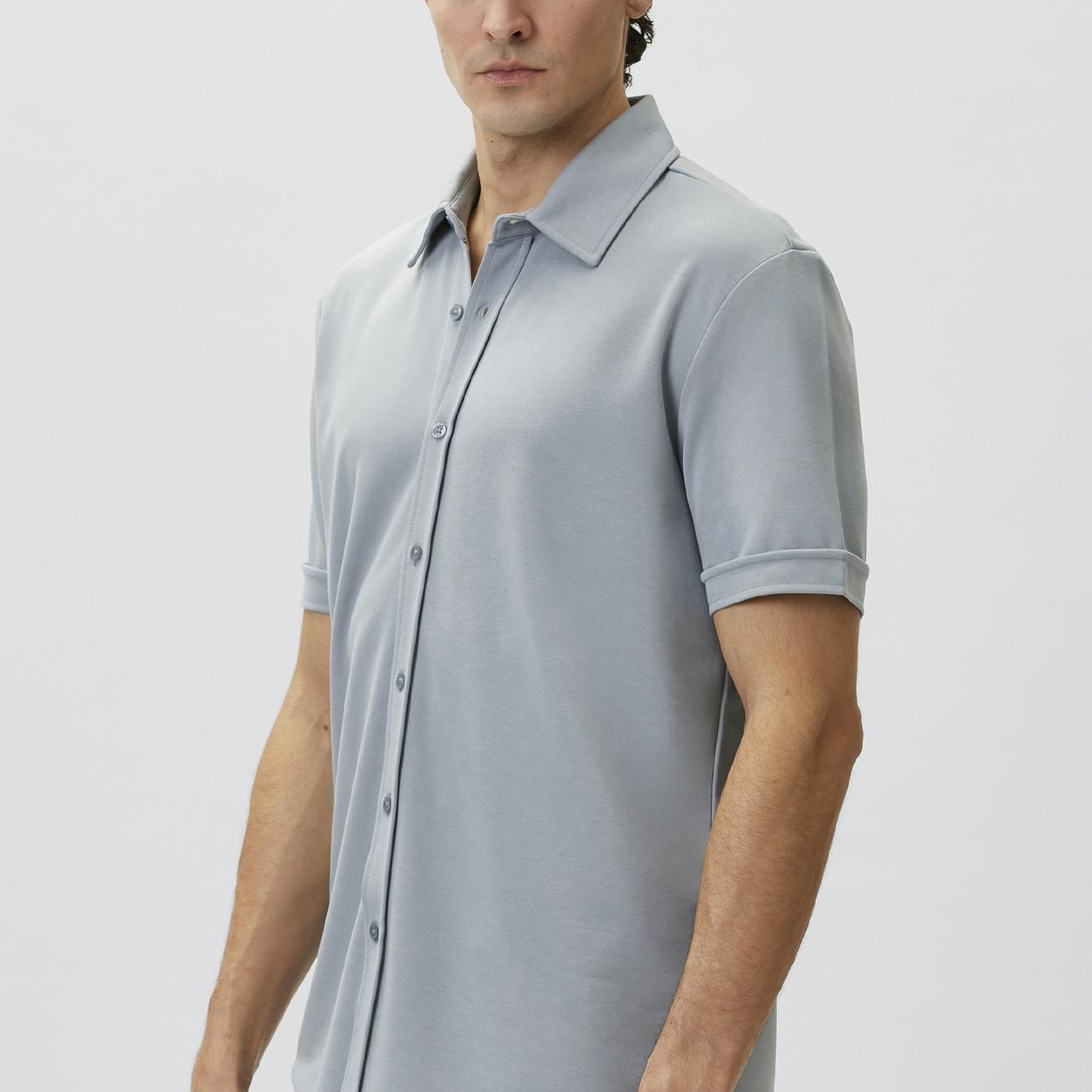 Network Erkek Slim Fit Açık Mavi Kısa Kol Örme Gömlek
