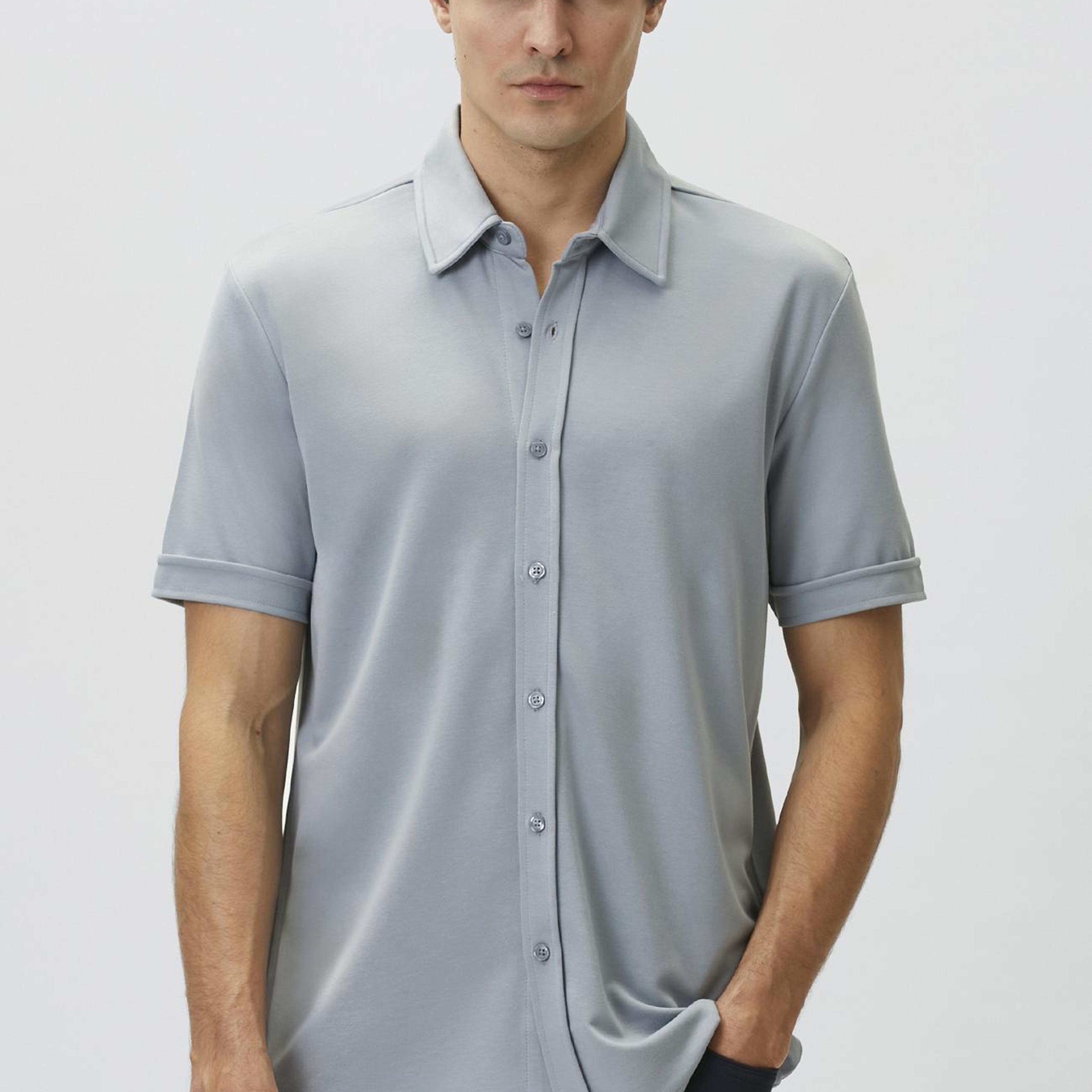Network Erkek Slim Fit Açık Mavi Kısa Kol Örme Gömlek