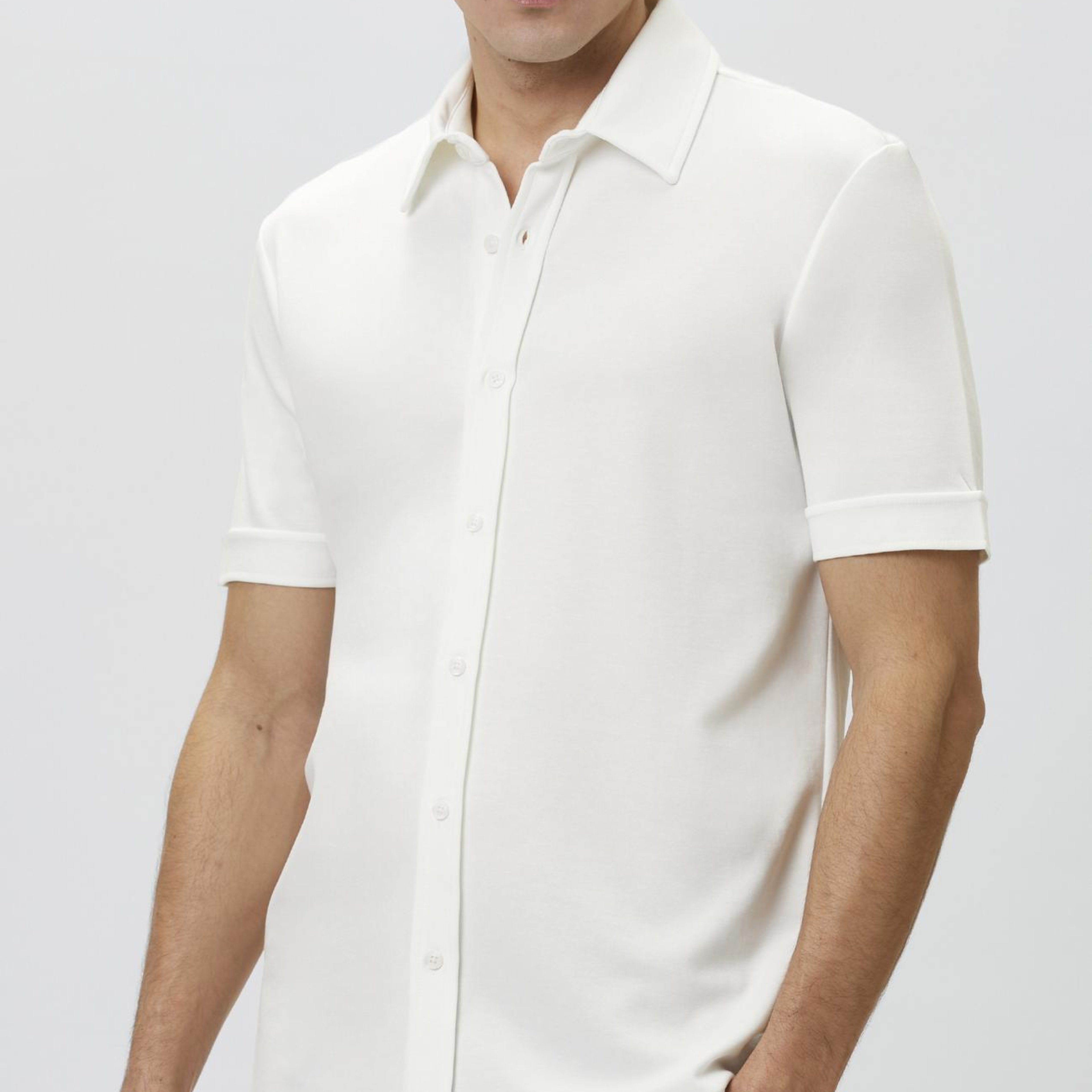 Network Erkek Slim Fit Kırık Beyaz Kısa Kol Örme Gömlek