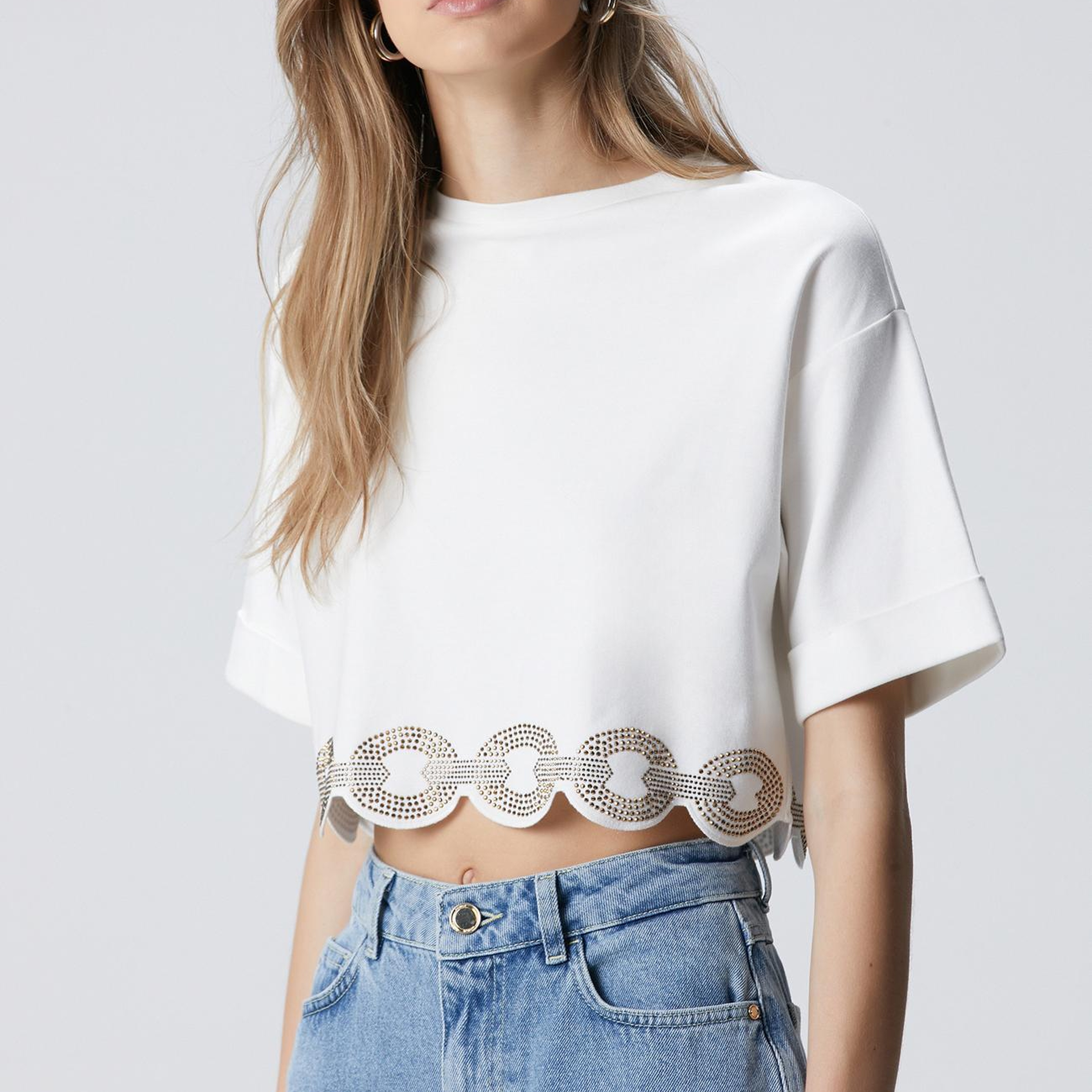 Network Kadın Kırık Beyaz Etek Ucu Taş Baskılı T-shirt