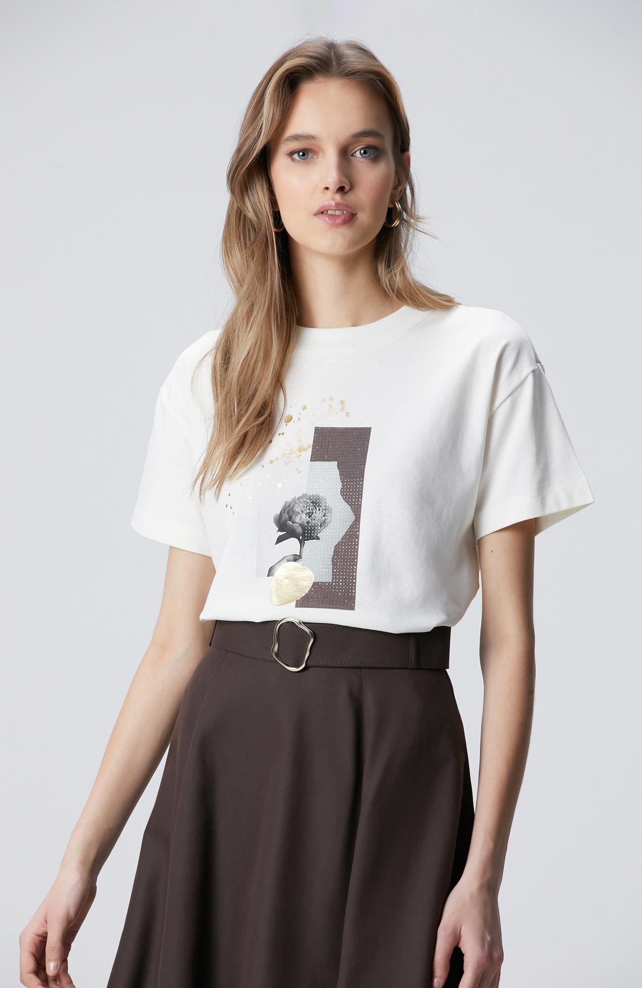 Network Kadın Kırık Beyaz Baskılı T-shirt