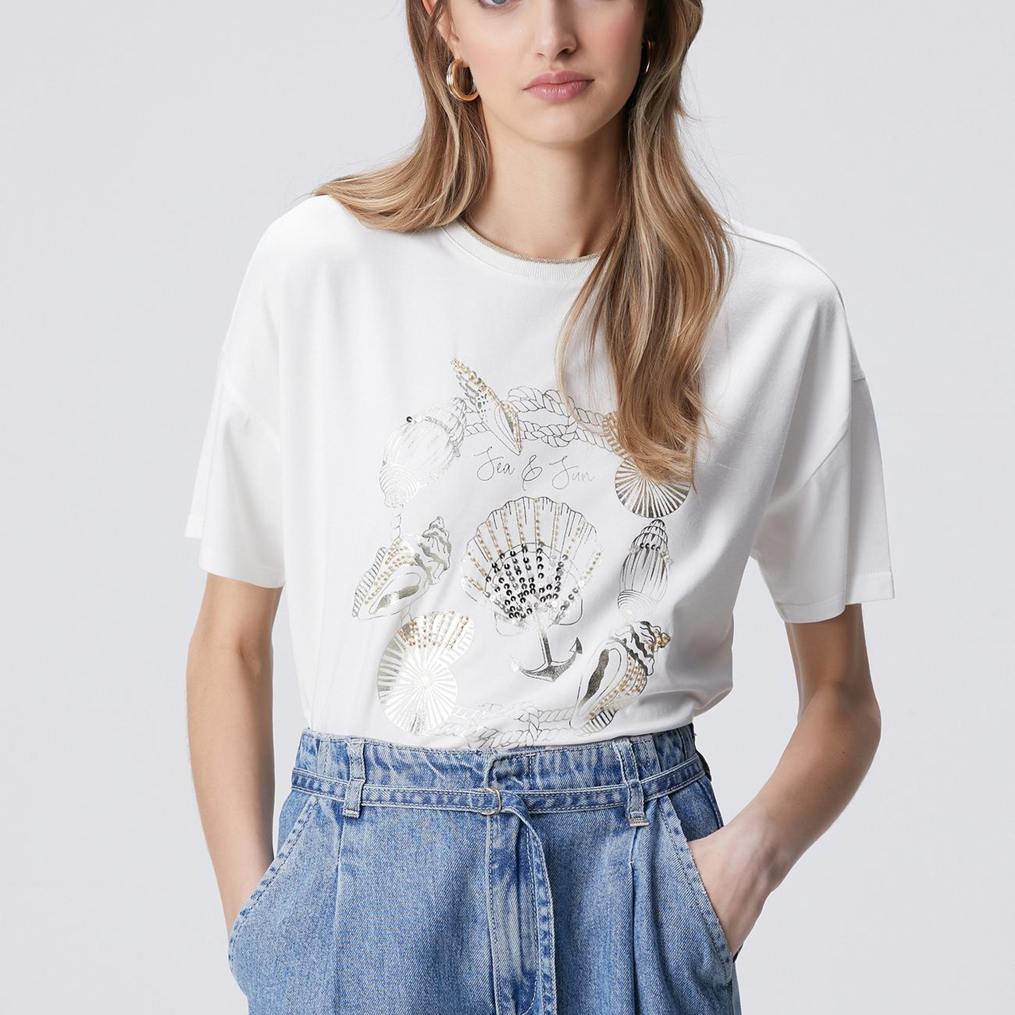 Network Kadın Kırık Beyaz Ön Beden Baskılı T-shirt