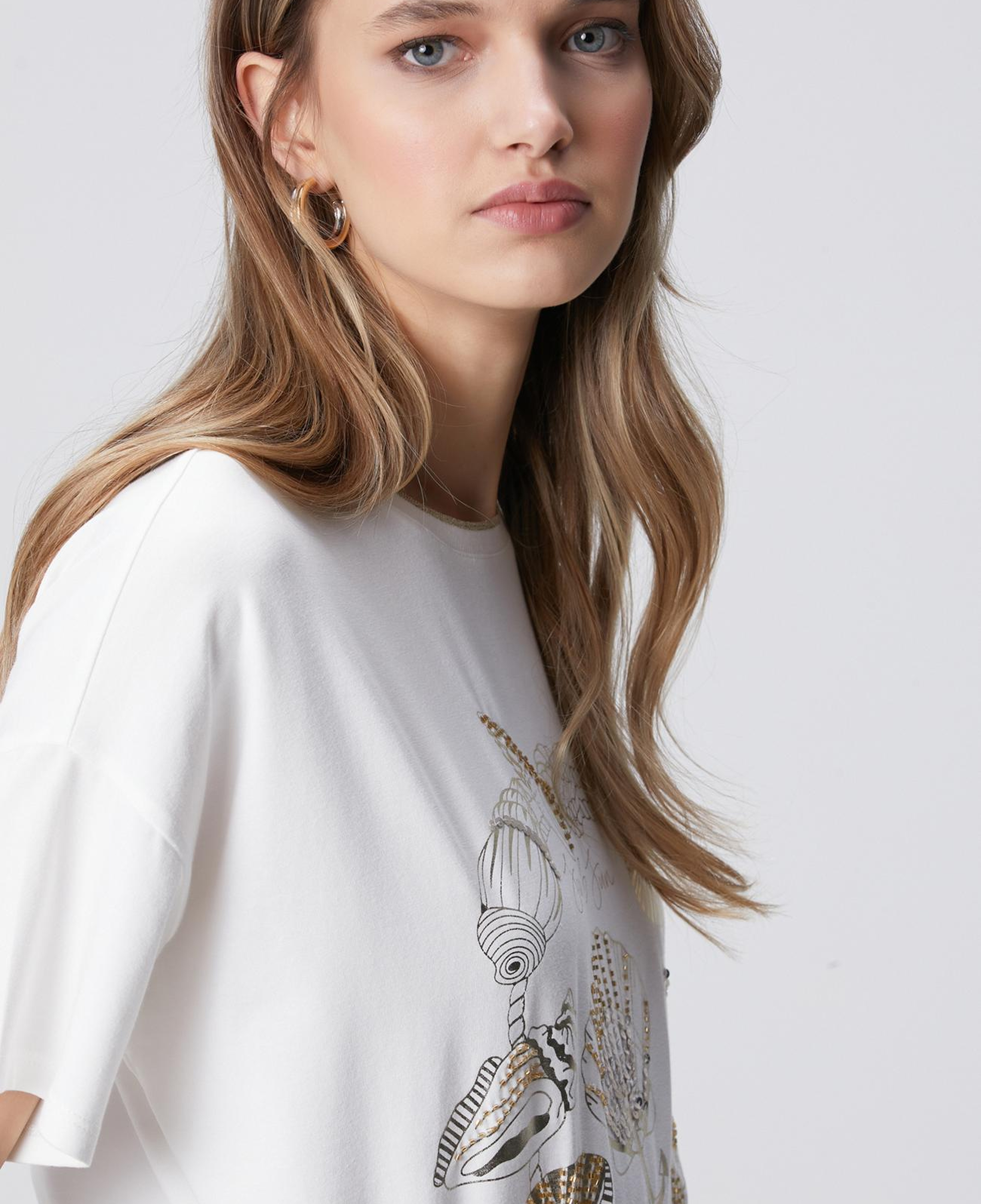 Network Kadın Kırık Beyaz Ön Beden Baskılı T-shirt