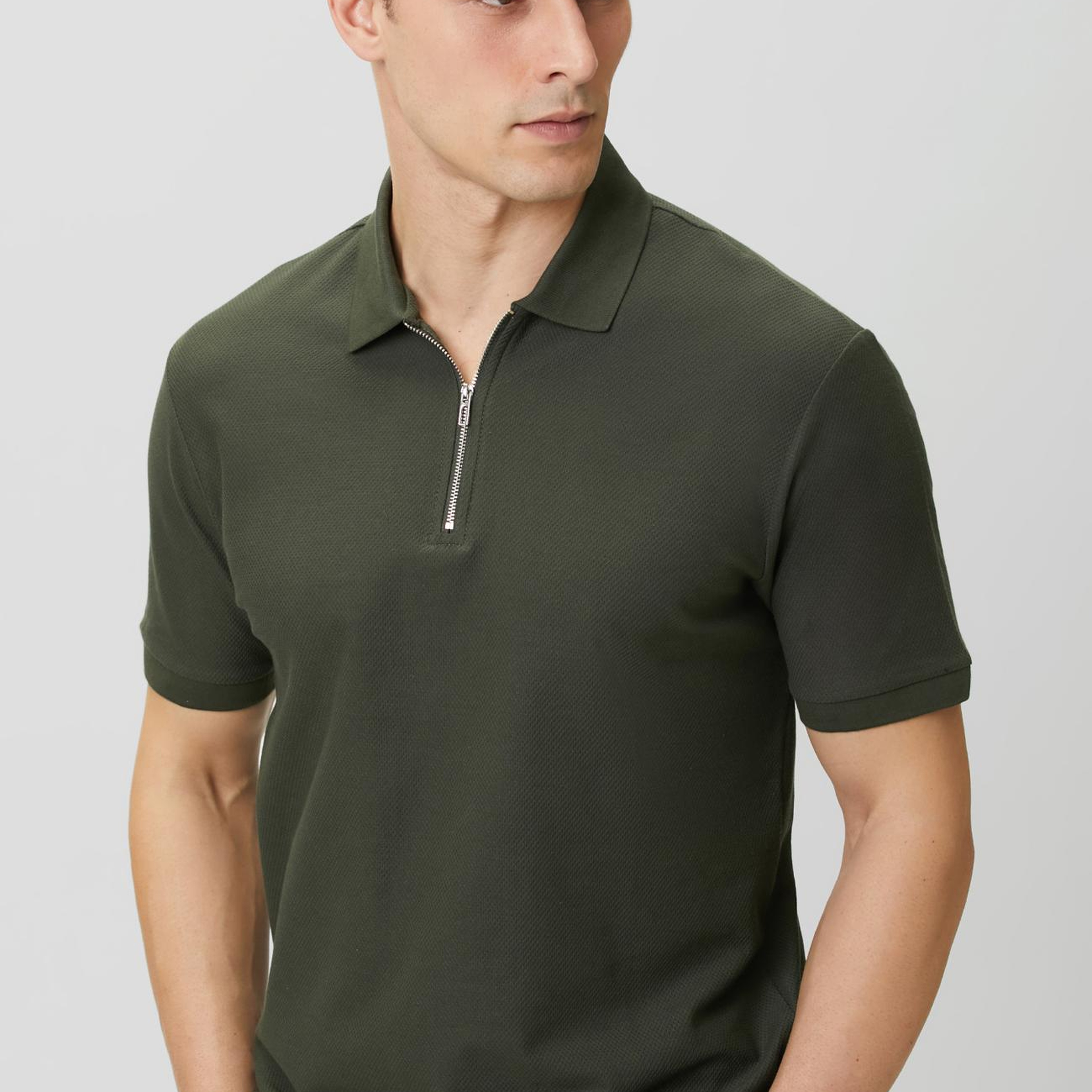 Network Erkek Slim Fit Haki Polo Yaka Jakarlı Pike T-shirt