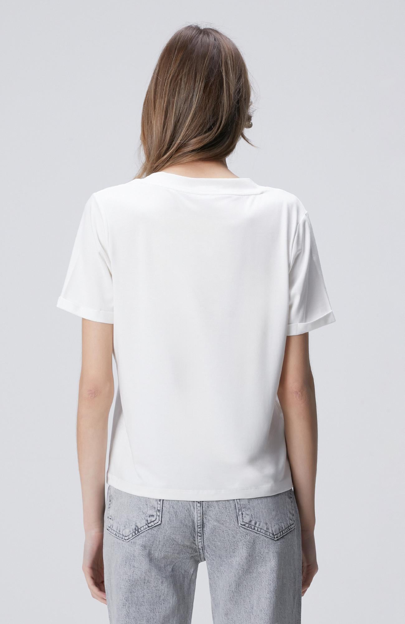 Network Kadın Kırık Beyaz Kol Katlama Detaylı Basic T-shirt