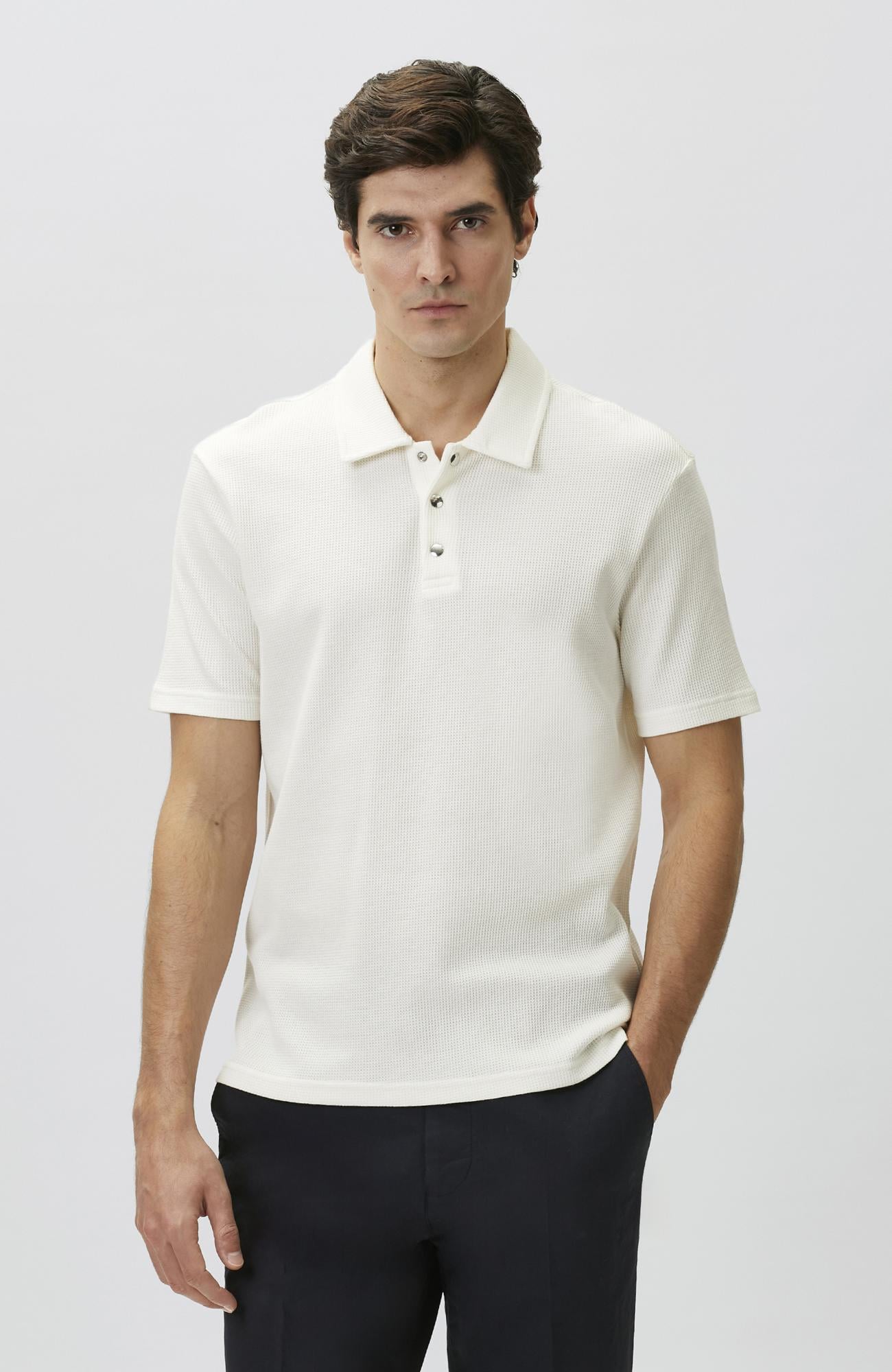 Network Erkek Slim Fit Beyaz Polo Yaka Waffle T-shirt